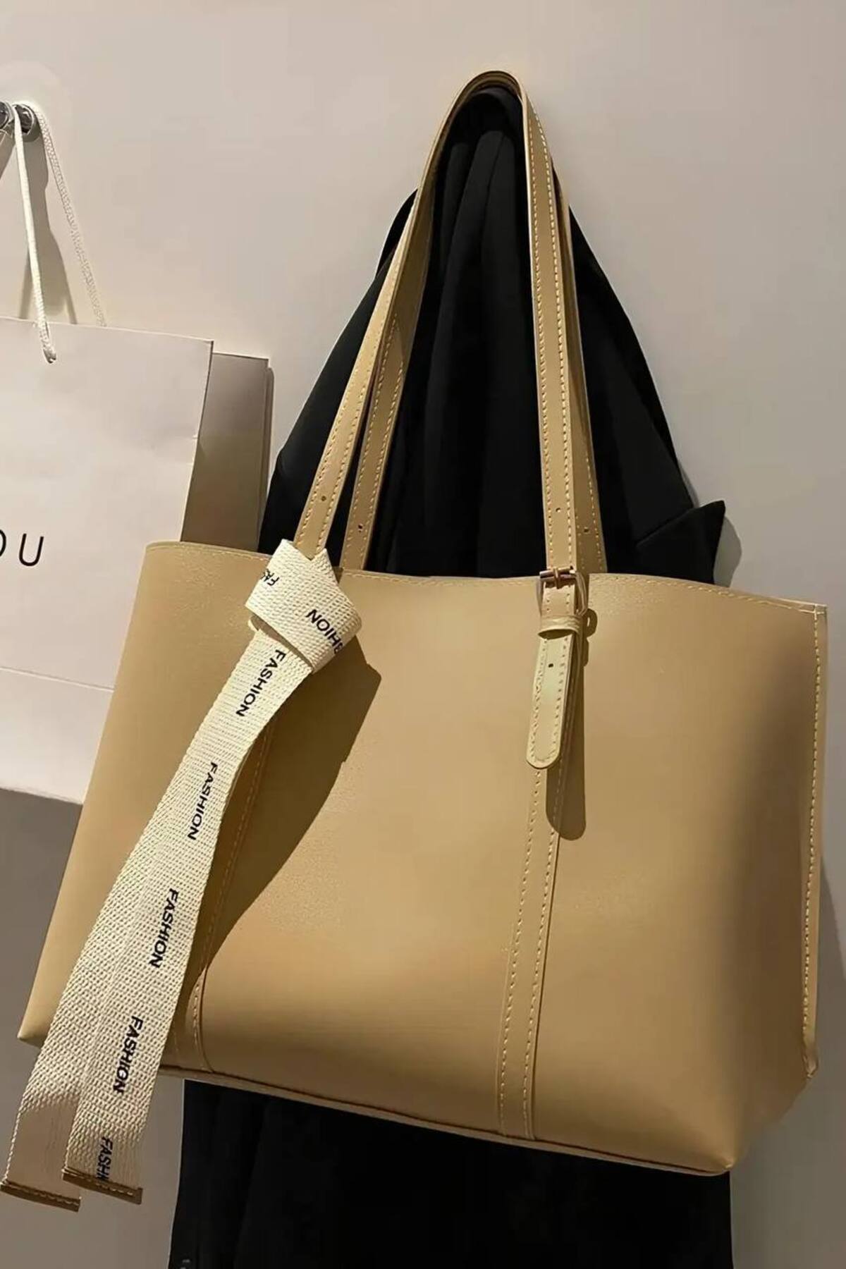 Bej Fashion Kolon Askılı Büyük Boy Kadın El ve Omuz Çantası görünüm 3