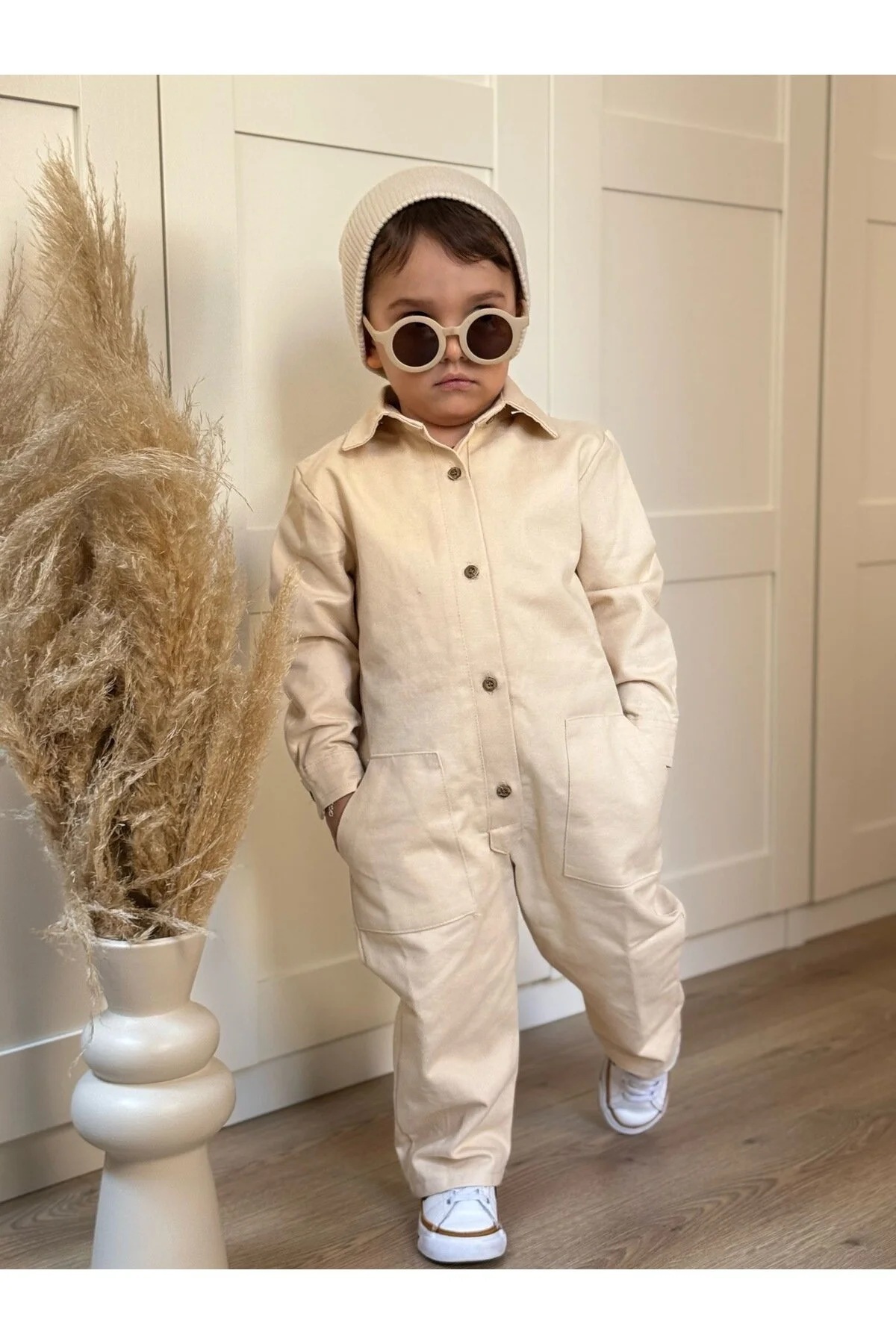 bohemiankids baby wear Erkek & Kız Çocuk Gömlek Yaka Gabardin Kumaş Tulum Ekru fotoğrafı 2 (önizleme)