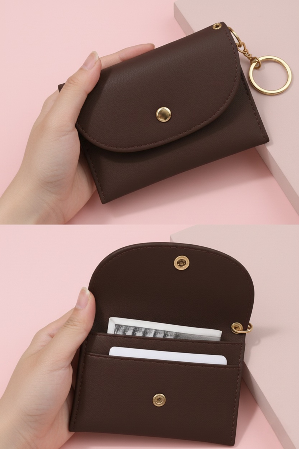 Defnella Acı Kahverengi Çift Bölmeli Anahtarlıklı Mini Kredi Kartlık Cüzdan 10x7 Cm