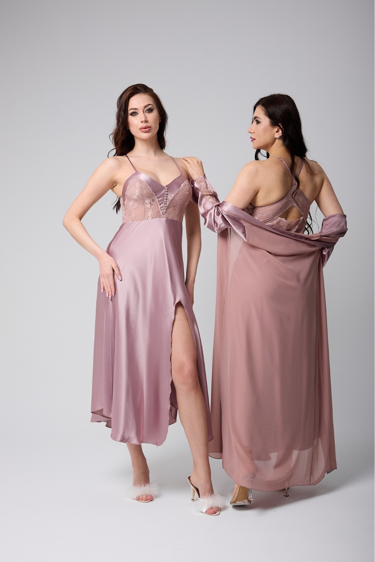 Viselya Dantelli Vizon Uzun Gecelik Sabahlık Takım