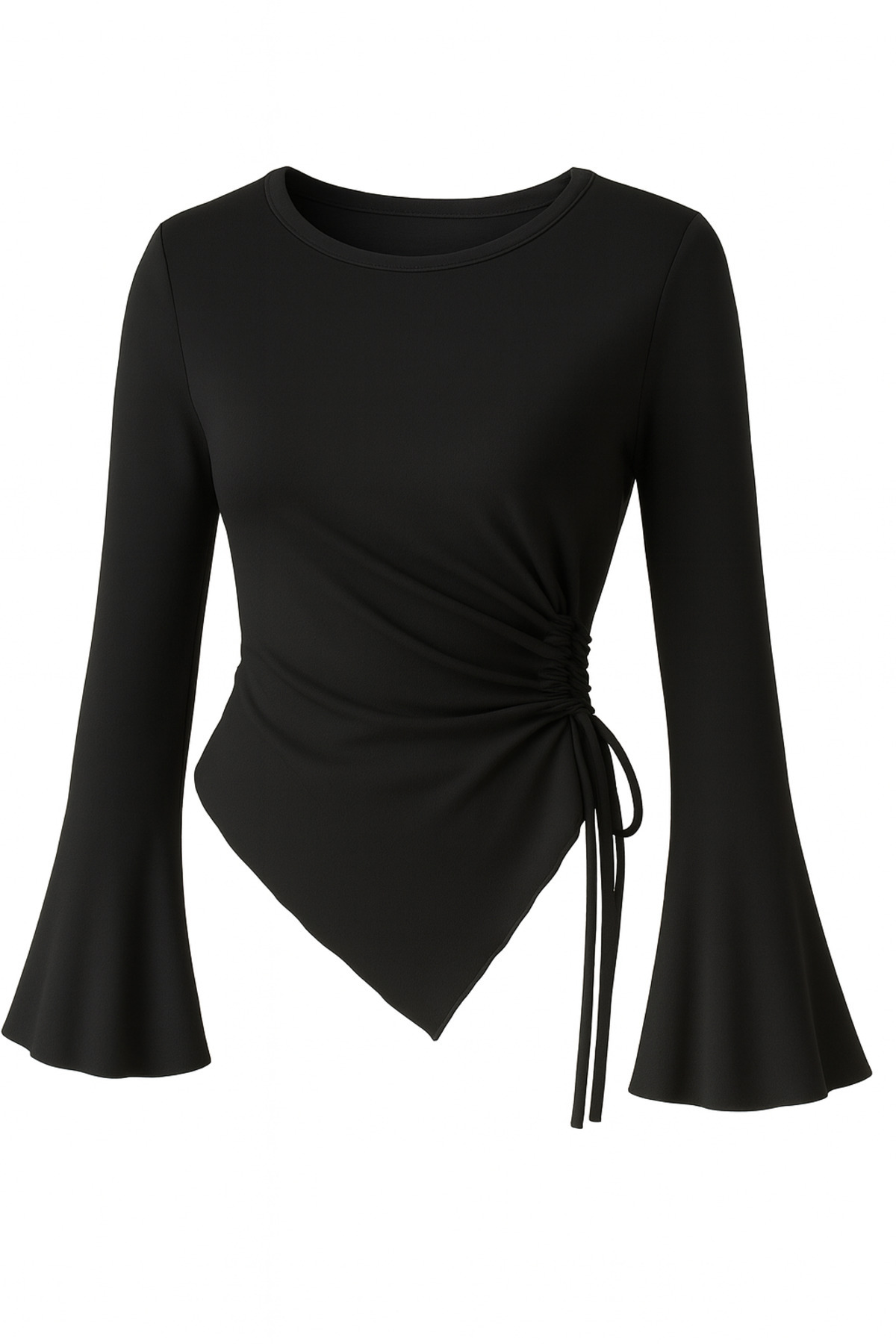 Wild Flower Bluză neagră cu guler rotund, cu detaliu drapat, cu mâneci spaniole, asortată la hijab