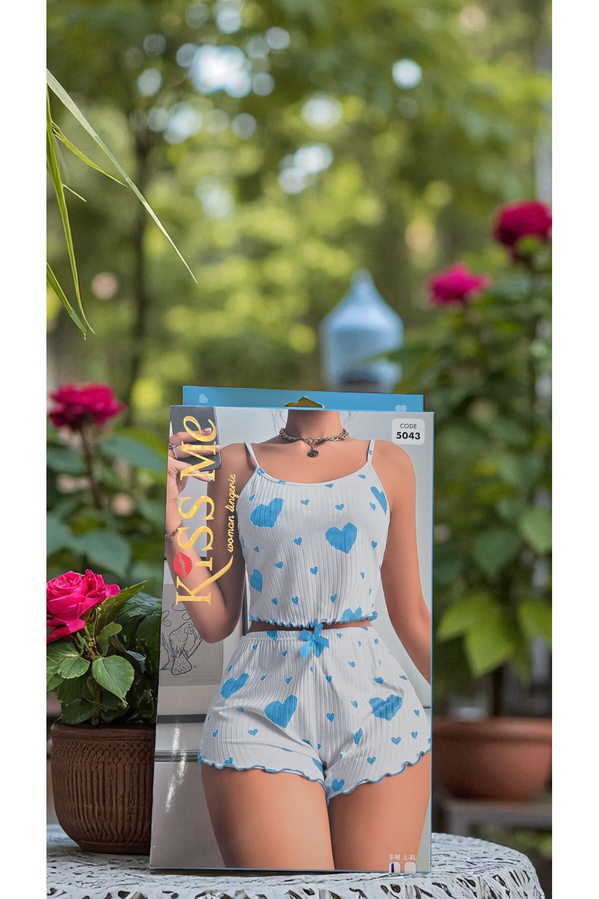 kiss me Lilkralı Şortlu Gecelik Takımı Beyaz Mavi Kalpli