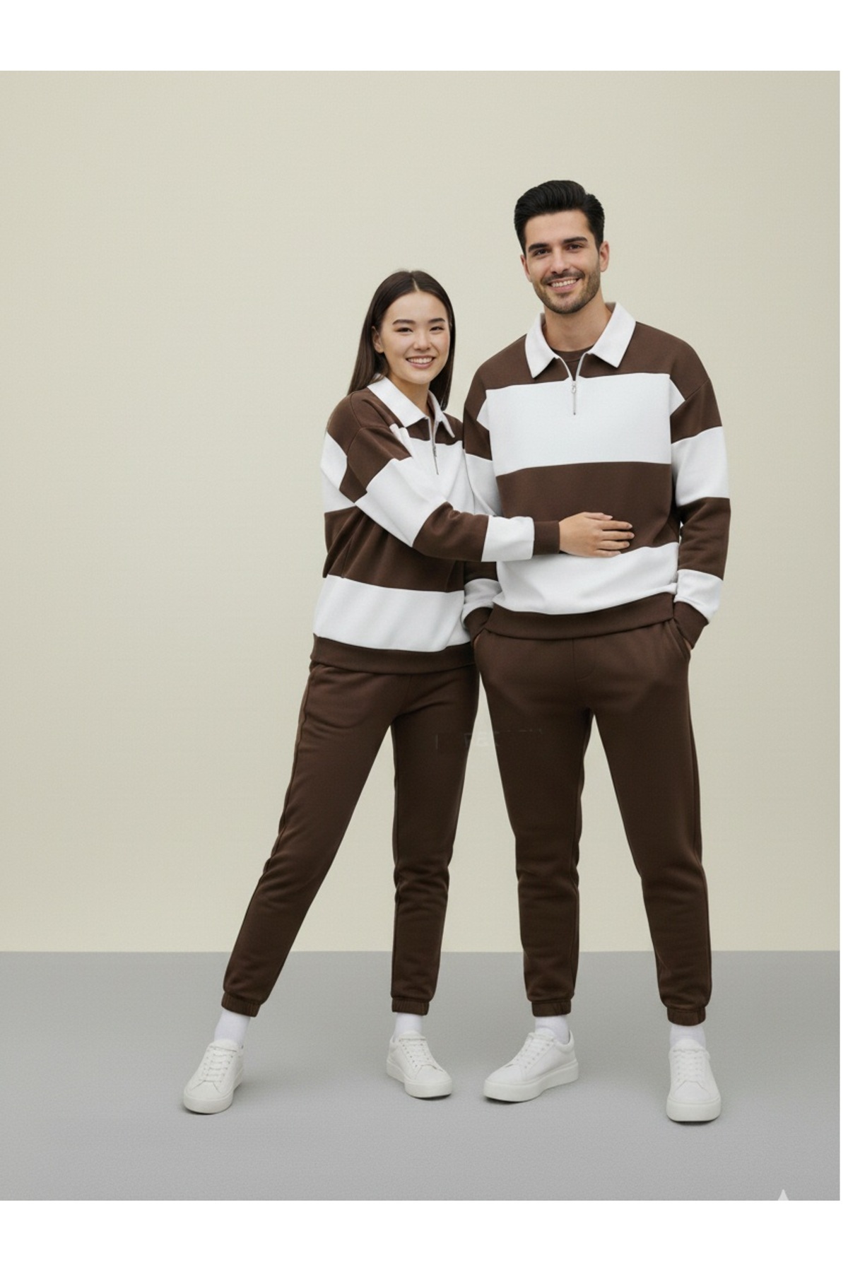 blausee wear Unisex Çift Sevgili Kombini Kahverengi Parçalı 3 İplik Kışlık Polo Yaka Sweatshırt Eşofman Takımı