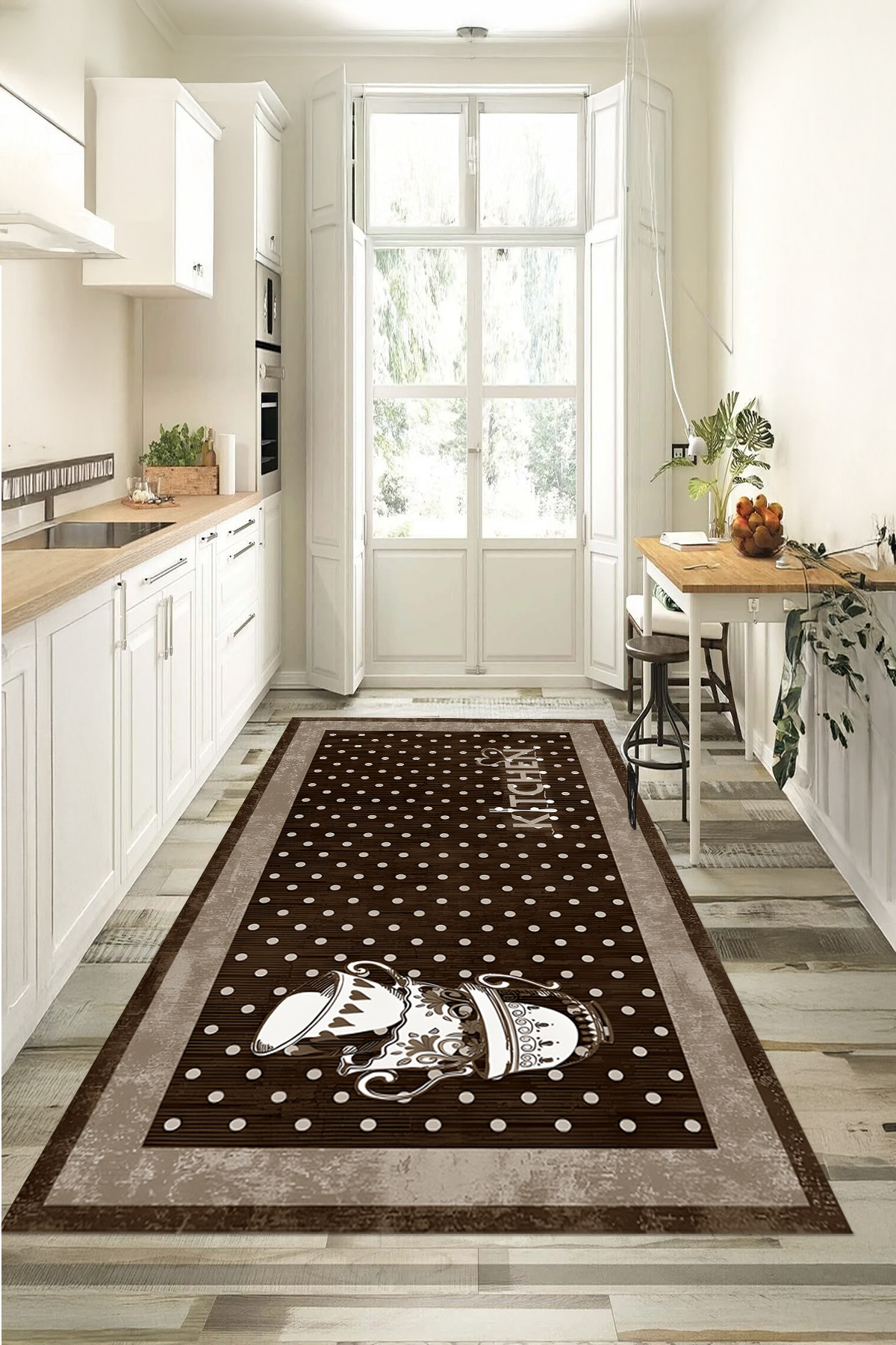 Printed Washable and Non-Slip Base Kitchen Printed Cup Pattern Kitchen Rug, KITCHEN,92,COFFEE