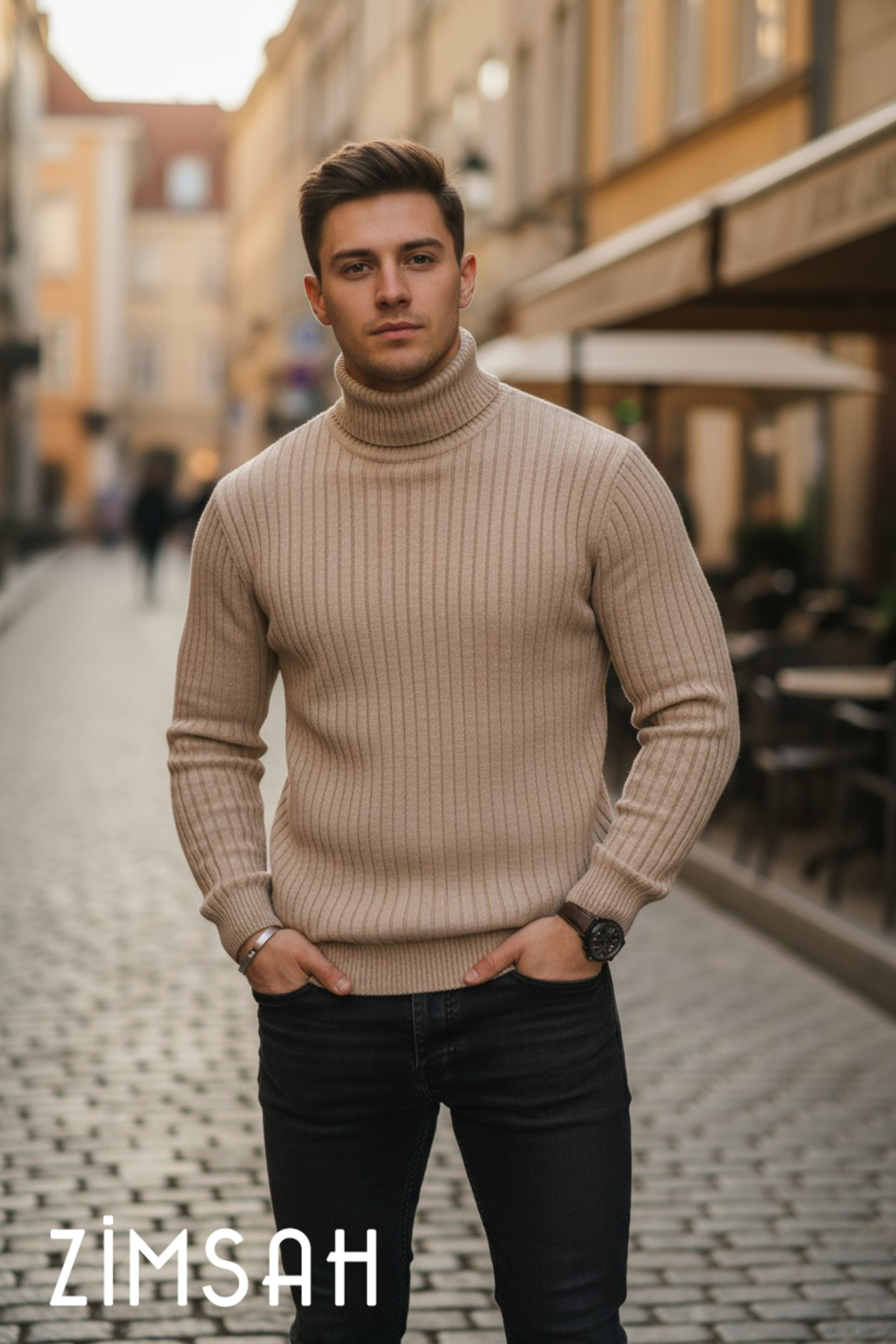 Zimsah Erkek Kazak Slim Fit Triko Kazak Bej Renk