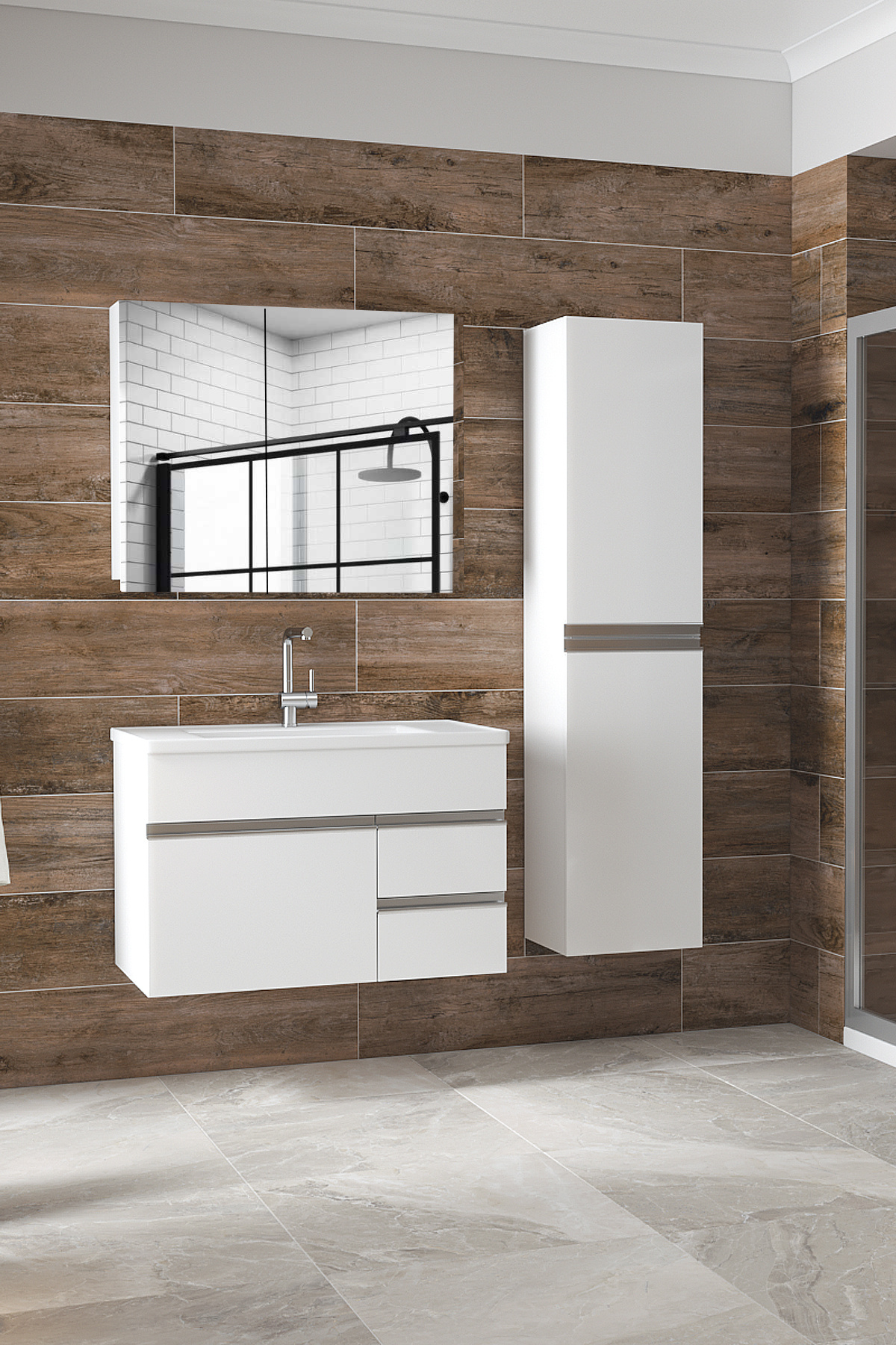 Alfa Banyo Esen-B (80+35) 115 cm Boy Dolaplı, Ayna Dolaplı, Lavabolu Banyo Ddolabı Seti--Hazır Kurulu--