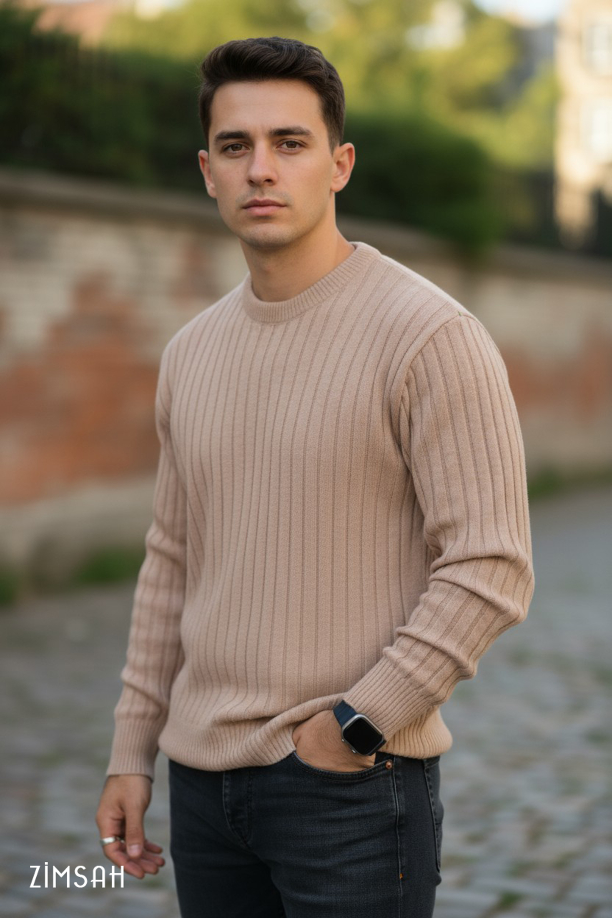 Zimsah  Erkek Kazak Triko Kazak Bej Kazak Slim Fit - Görsel 6