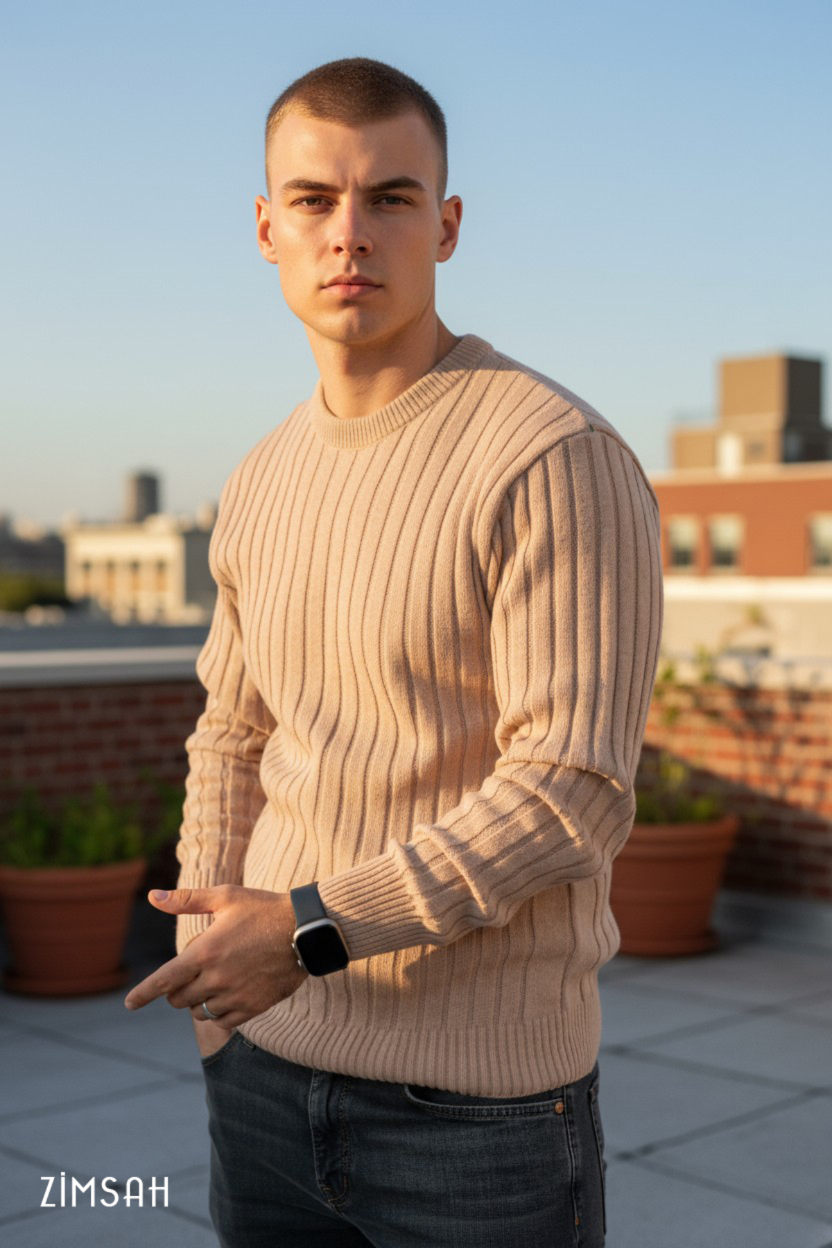 Zimsah  Erkek Kazak Triko Kazak Bej Kazak Slim Fit - Görsel 5