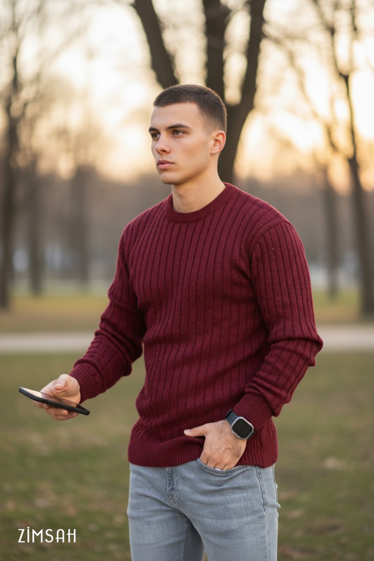 ژاکت بافتنی مردانه ژاکت Claret ژاکت قرمز Slim Fit — زرشکی Zimsah1415 — تصویر 5 از 6