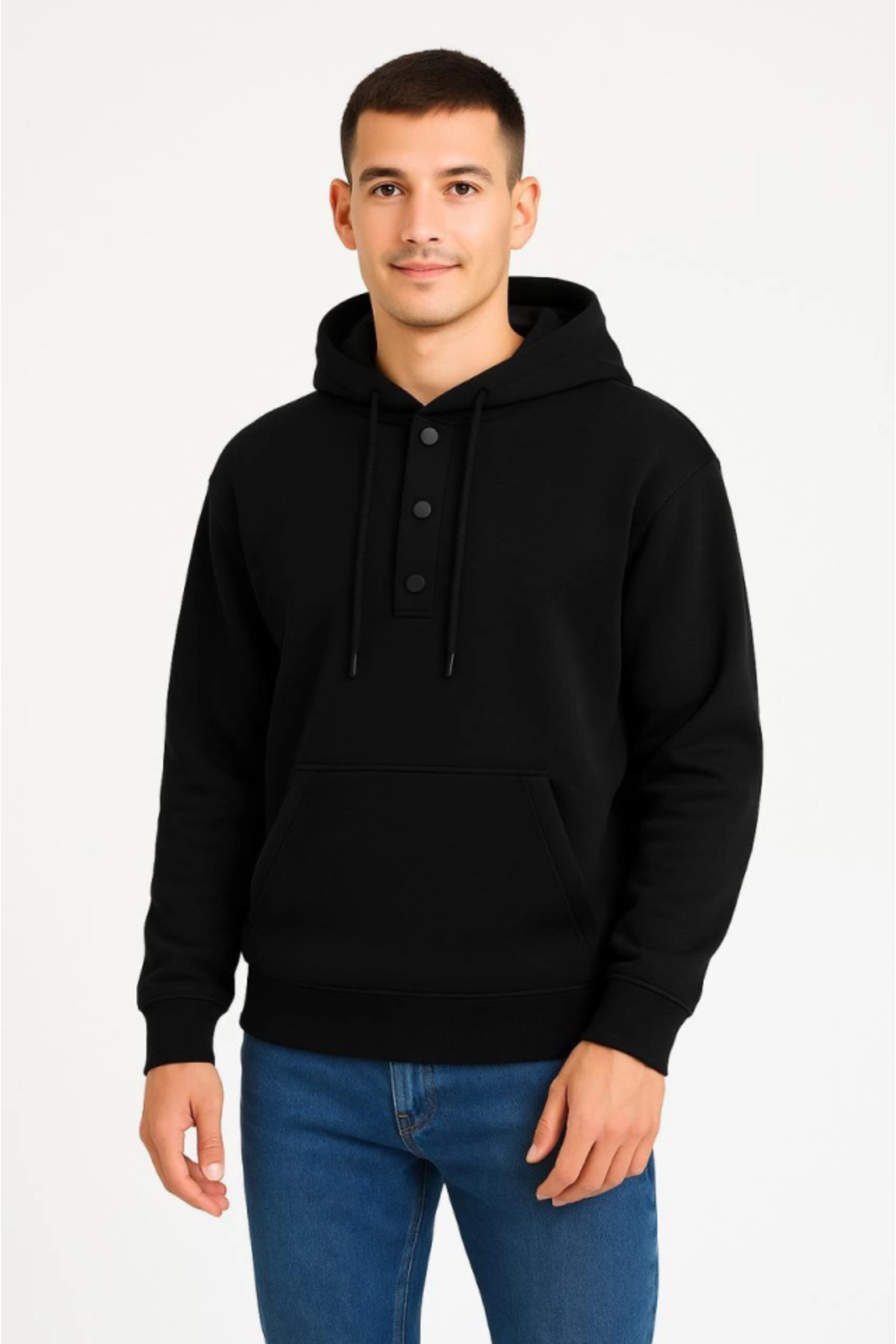 Erkek Ovarsize Kapüşonlu Swetshirt Kanguru Çepli Cıtcıtlı 3 Iplik Şardonlu Hoodie - Siy