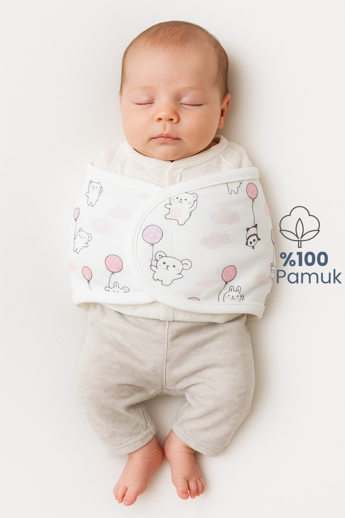 Nilmera Hazır Yarım Kundak 0-4 Ay Balon Desenli %100 Pamuk Bebek Kundak Kemer, Çift Taraflı Bel Destekli