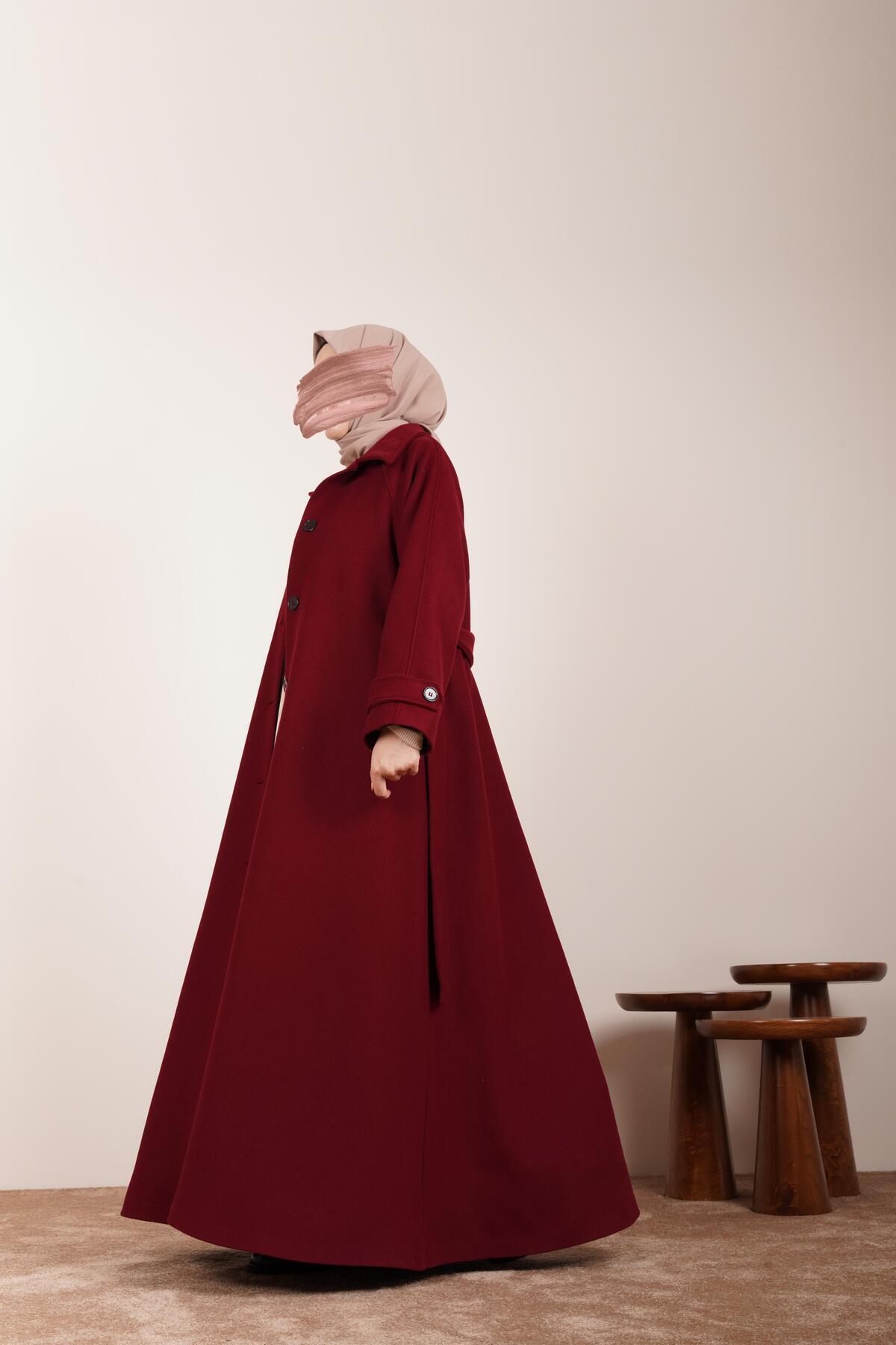 ANDE Düğmeli Kloş Kaban-Bordo görsel 5