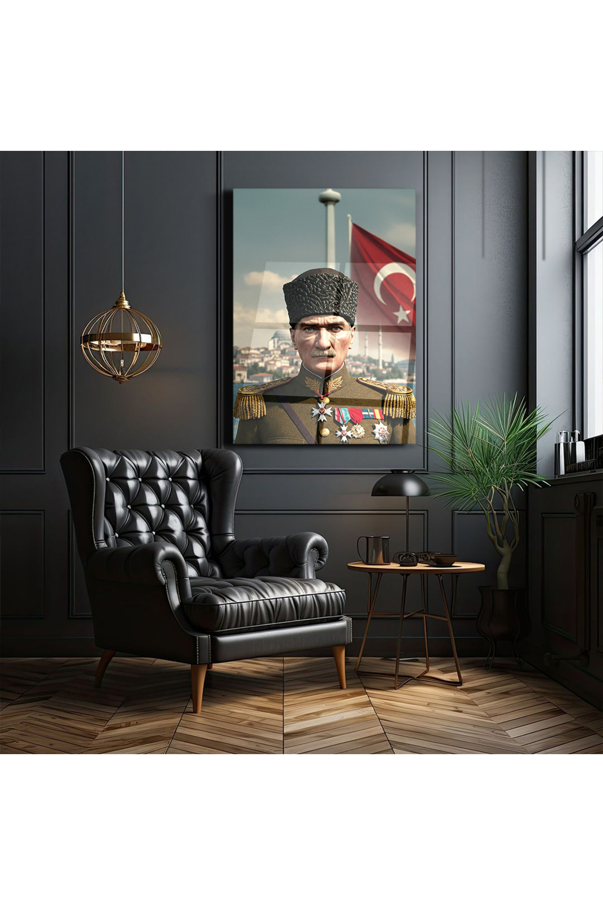 Atatürk Askeri Üniformalı Türk Bayraklı Cam Tablo – Mustafa Kemal Atatürk Portresi Ev ve Ofis Dekoru