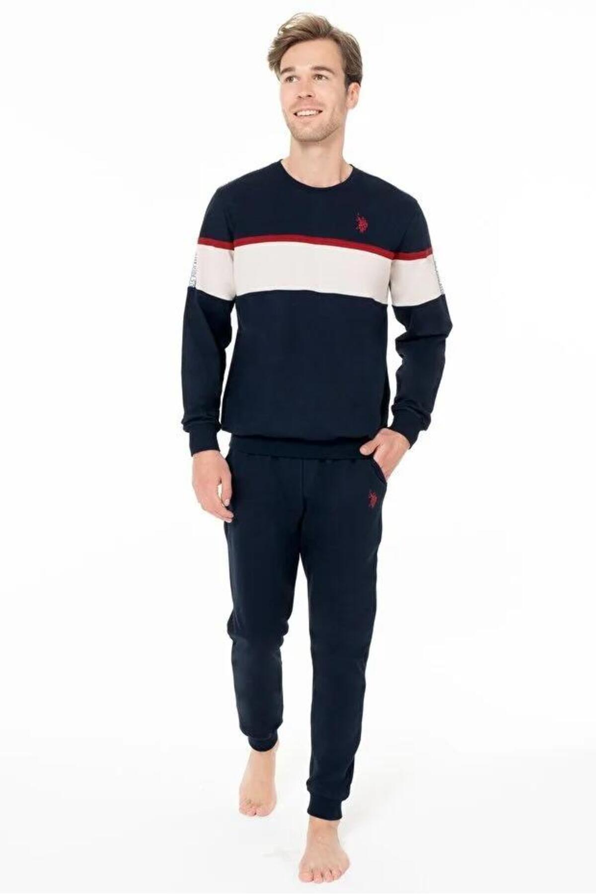 یو اس پولو ست لباس خواب مردانه آستین بلند سرمه‌ای یقه گرد با لبه کشی و مسدود کننده رنگی C6T3N981