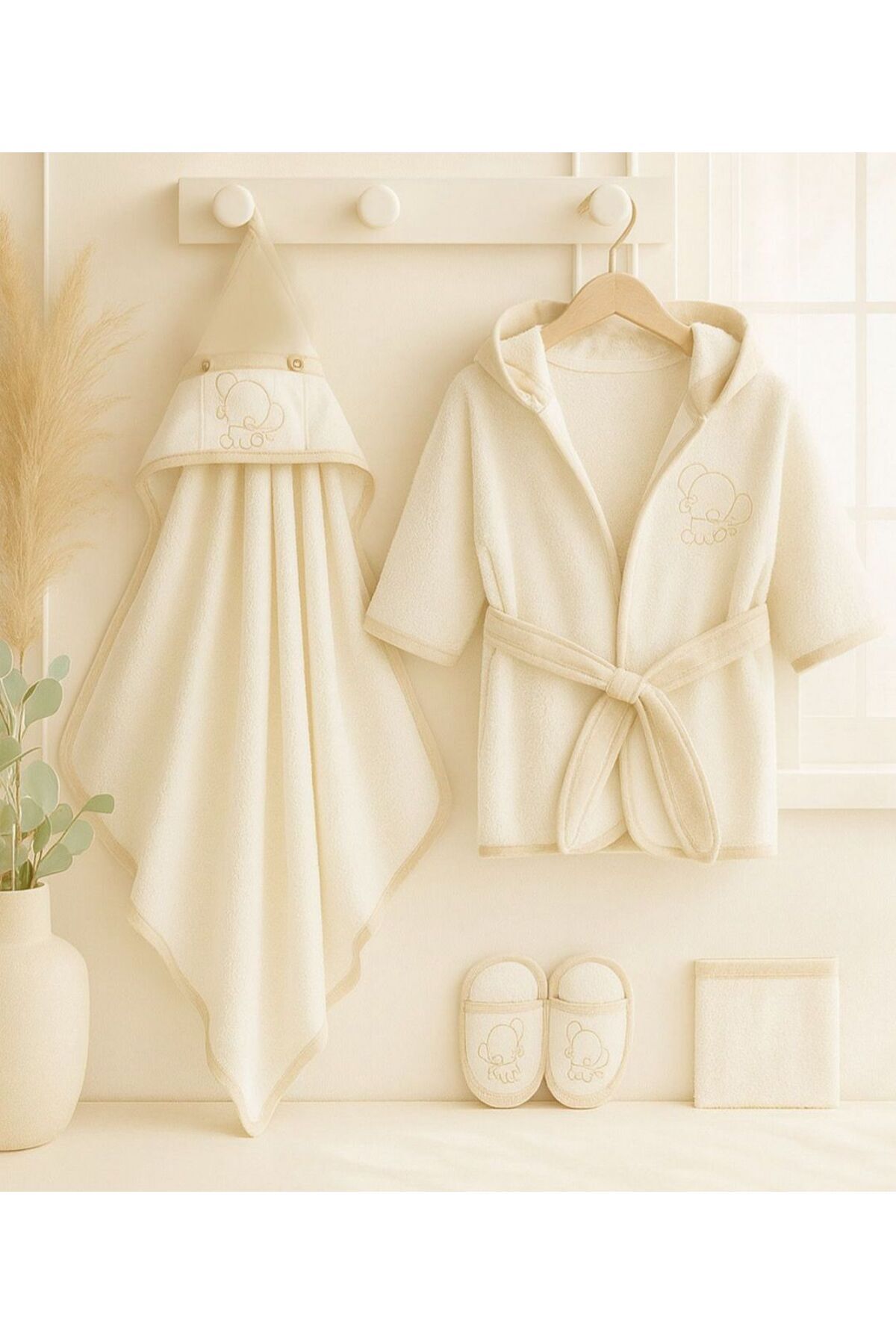 mia mia Sevimli Fil Nakışlı Bebek Bornoz Seti – Unisex – %100 Pamuk – 4’lü