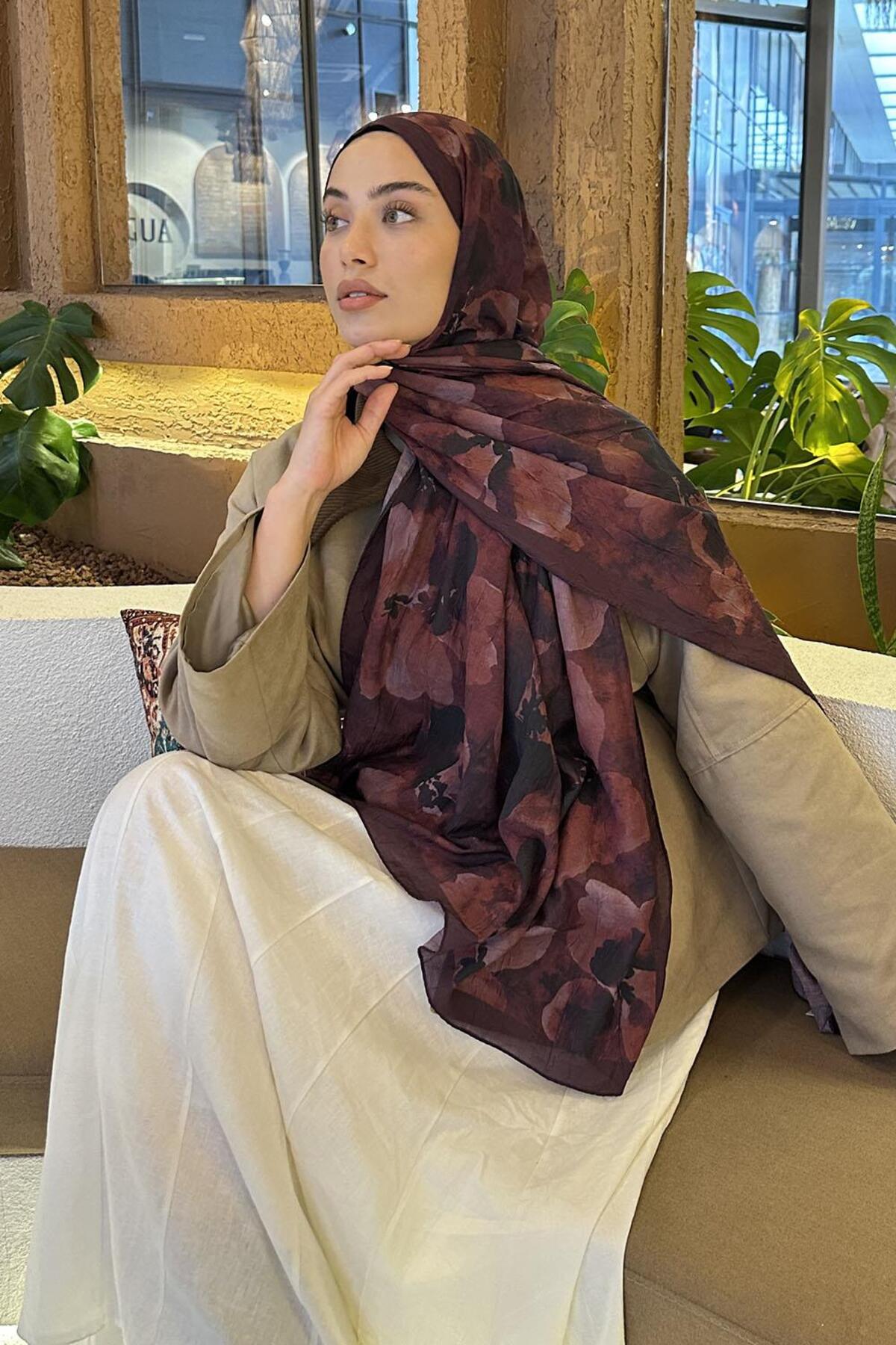 Lamelif  Batik Çiçek Desen Bambu Şal Koyu Bordo - Görsel 4