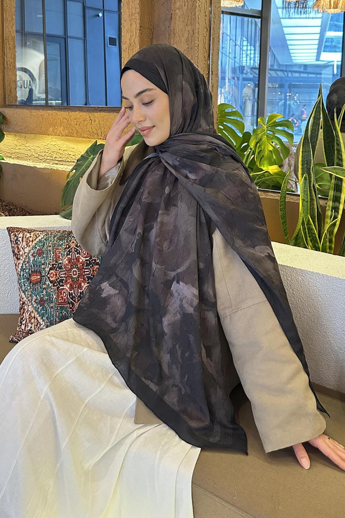 Lamelif  Gül Desen Bambu Şal Koyu Yeşil - Görsel 3