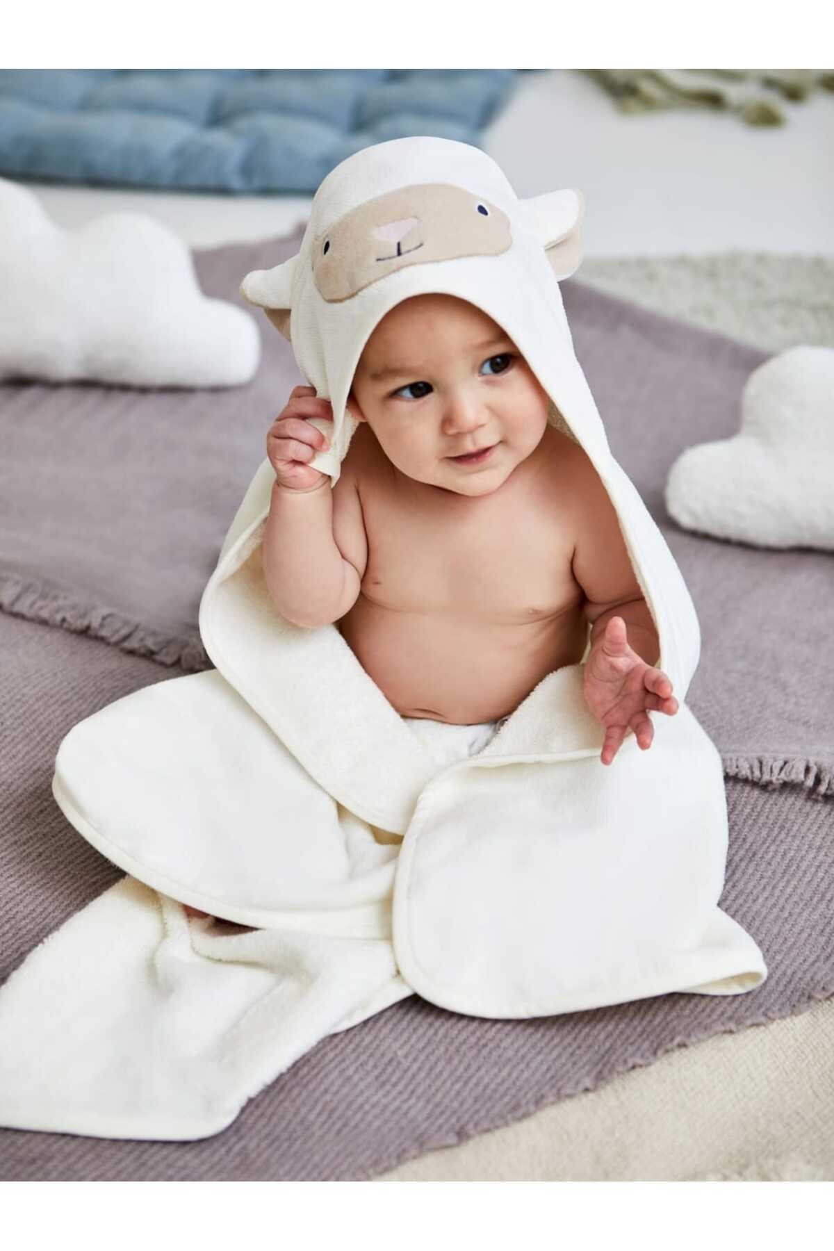 GÜRPAMUK HOME & BABY OUTLET %100 Organik Pamuk Yumuşacık Kız-Erkek Bebek Çocuk Banyo Kundak Havlu KREM/KUZU