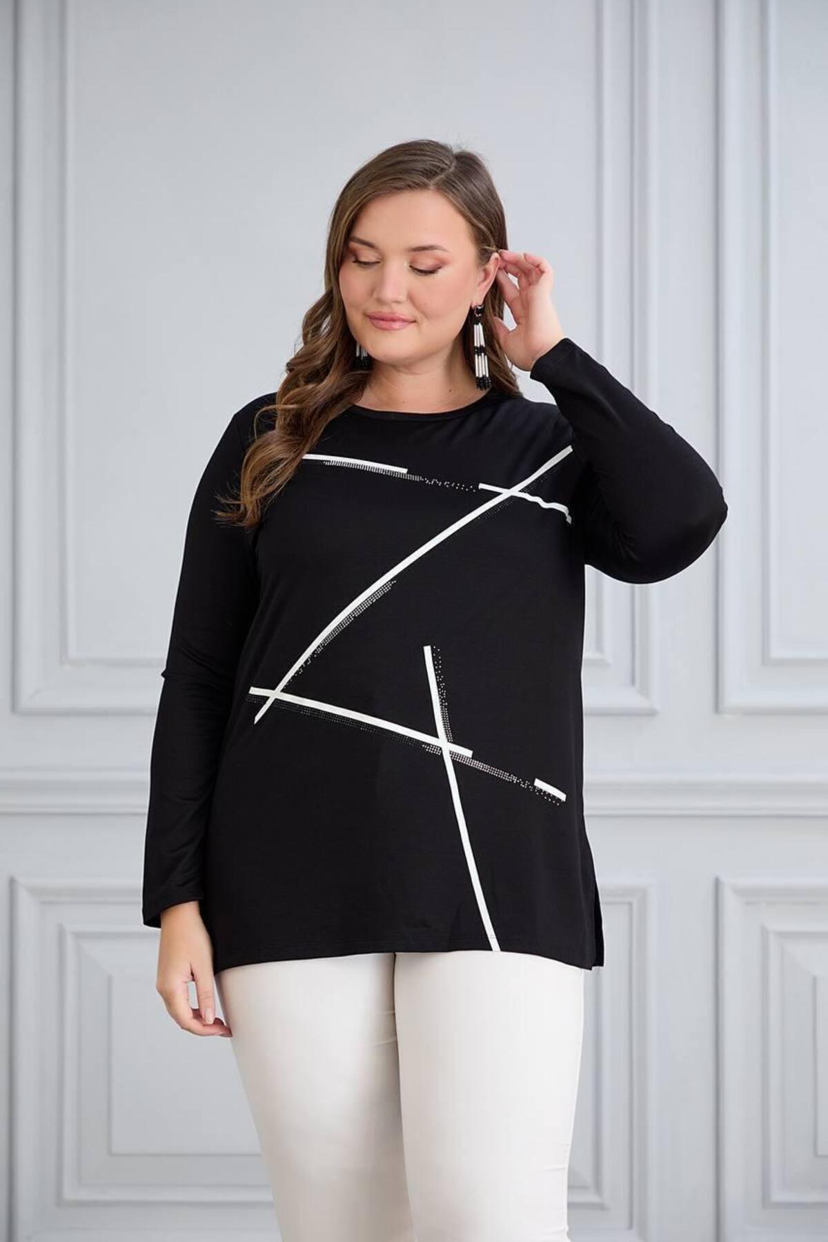 Orly More Viskon Kristal Kumaş Büyük Beden Uzun Kollu Taş İşleme Detaylı Anne Penye Bluz