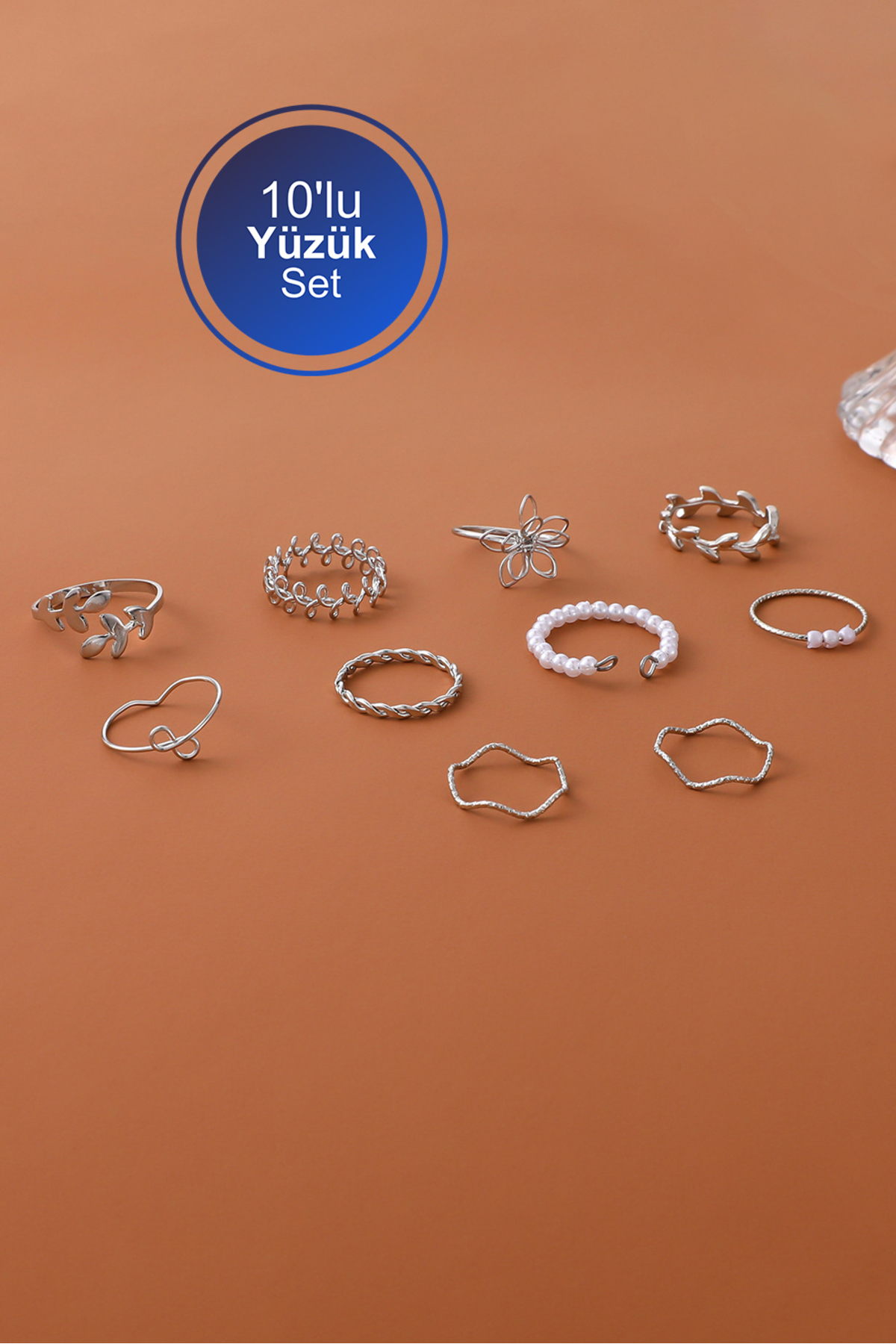 The Collection 10'lu Kombin Eklem Gümüş İncili Yüzük Set görsel 3