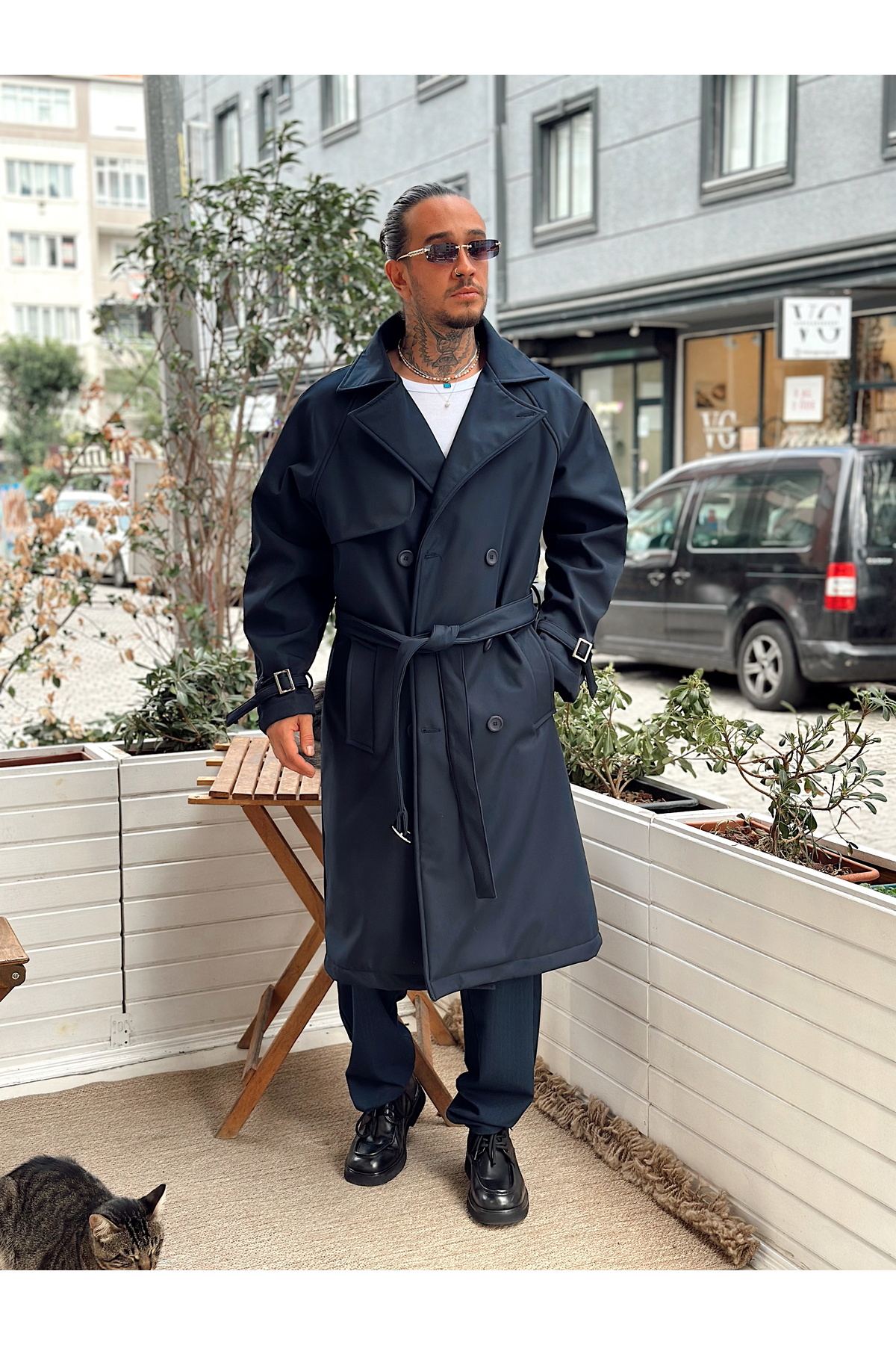 manch collection Oversize Kemerli Trench Coat Lacivert