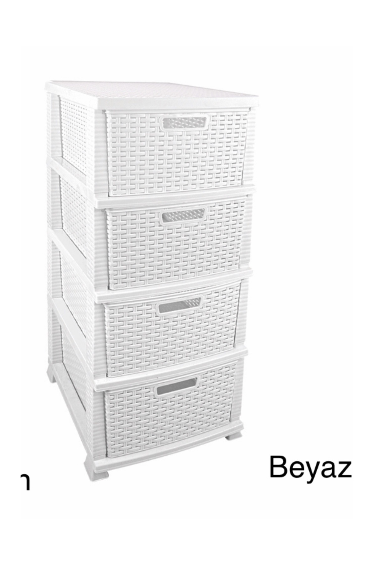 LeesHome 4 Çekmeceli Beyaz Raddan Komidin Hasır Örgülü Plastik Sebzelik Giysi Mutfak Dolabı