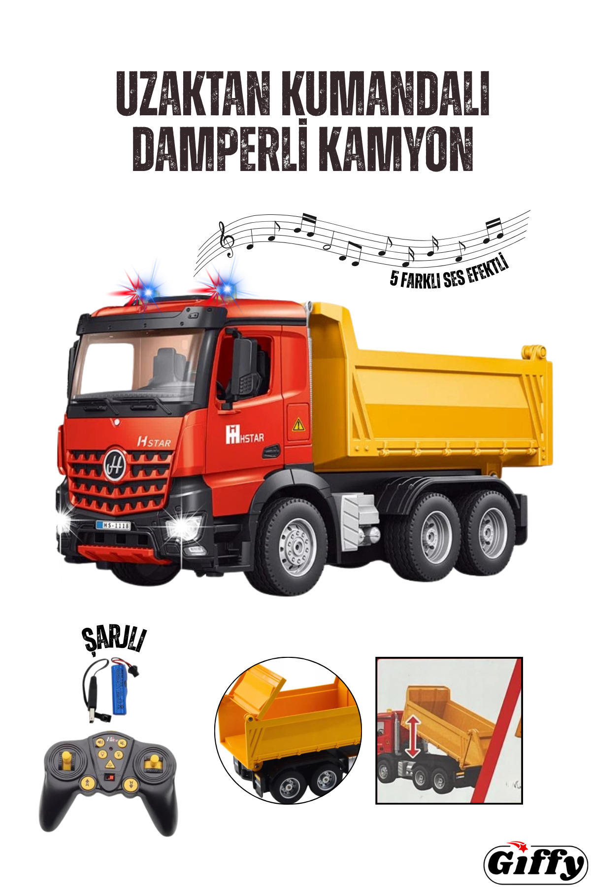 giffy Uzaktan Kumandalı Damperli Kamyon Full Fonksiyon Şarjlı İş Makinesi Kamyonet 5 Mod Ses Efekt Işıklı