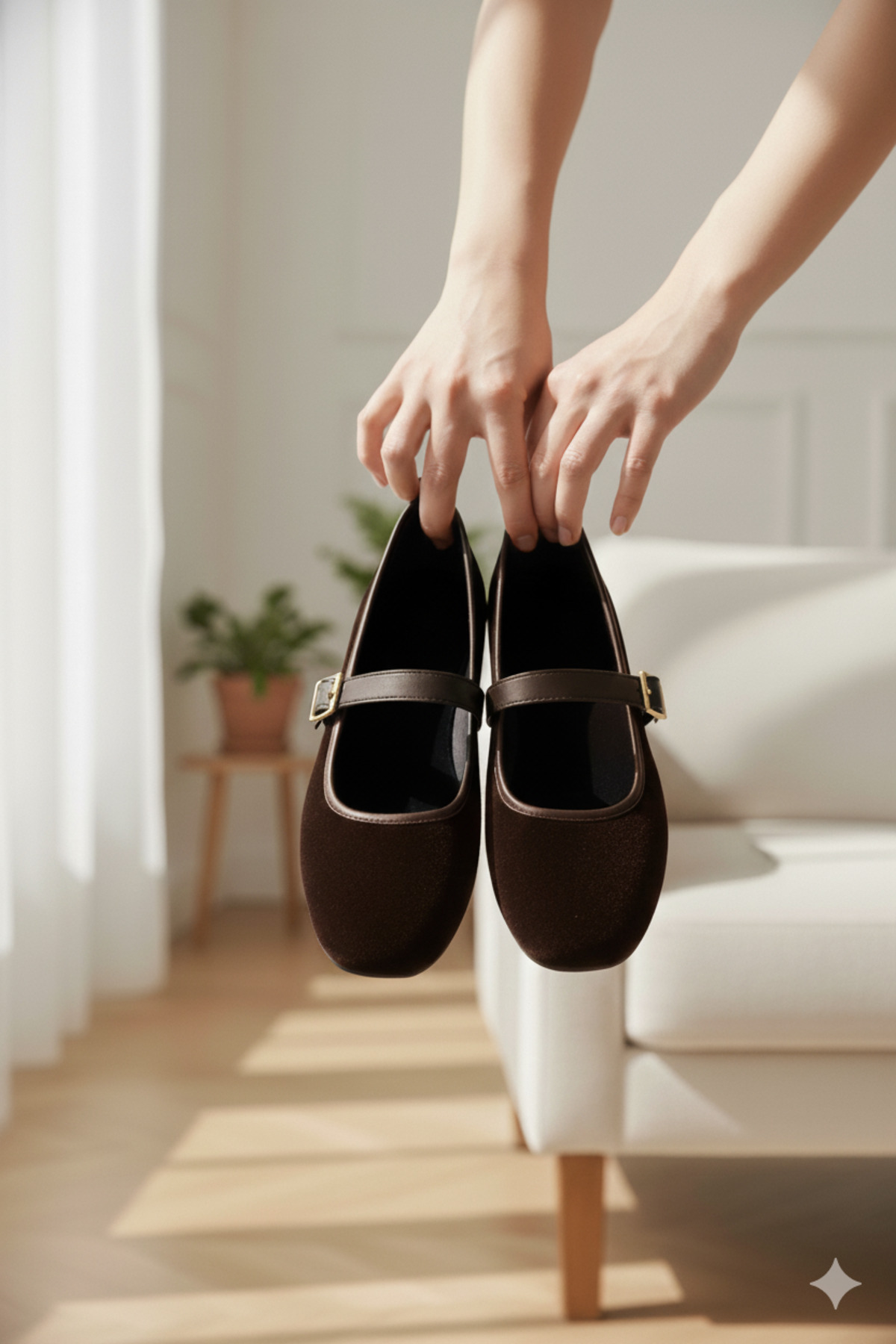 FootFrenzy Kadın Tokalı Mary Jane Kadife Altın Tokalı Hafif Taban Şık Günlük Babet