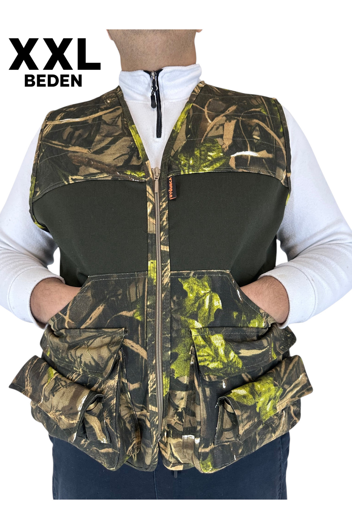 UYĞURCA XXL Beden Tulum Cepli Avcı Yeleği - 14 Fişek Kapasiteli - 12 Kalibre - Yeşil Ağaç Desen