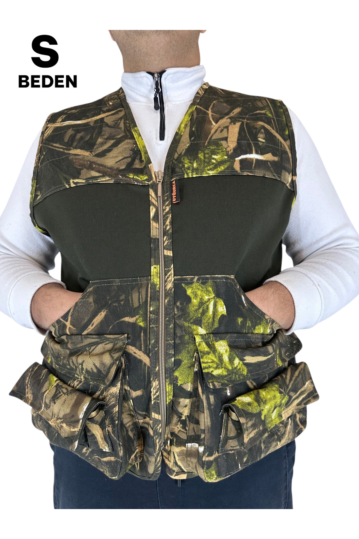 UYĞURCA S Beden Tulum Cepli Avcı Yeleği - 14 Fişek Kapasiteli - 12 Kalibre - Yeşil Ağaç Desen