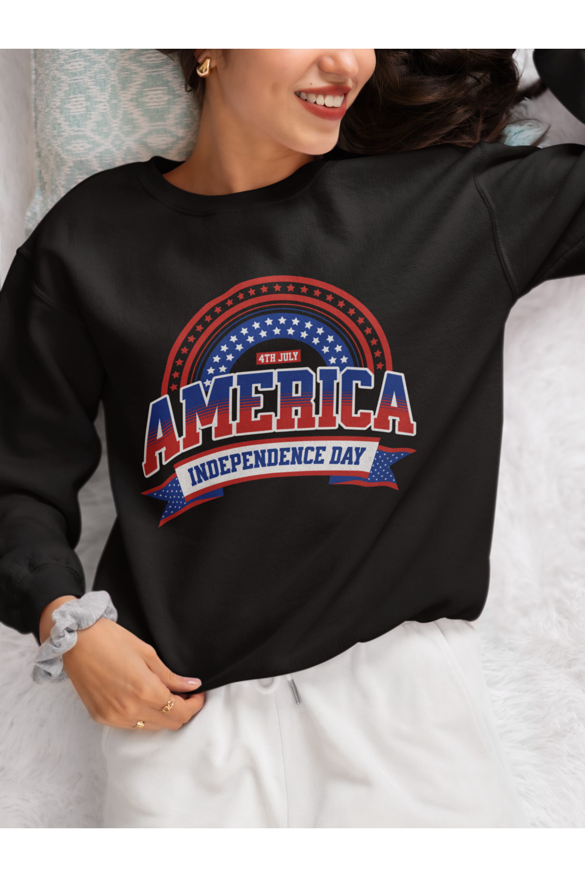 America Independence Day BASKILI PAMUKLU UZUN KOLLU ŞARDONLU 3 İPLİK BİSİKLET YAKA SWEATSHIRT