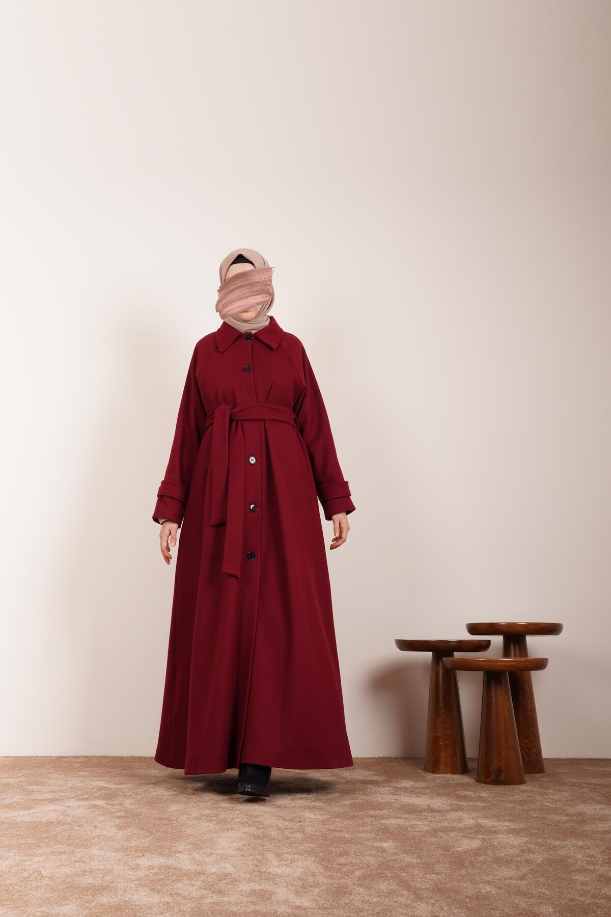 ANDE Düğmeli Kloş Kaban-Bordo görsel 3