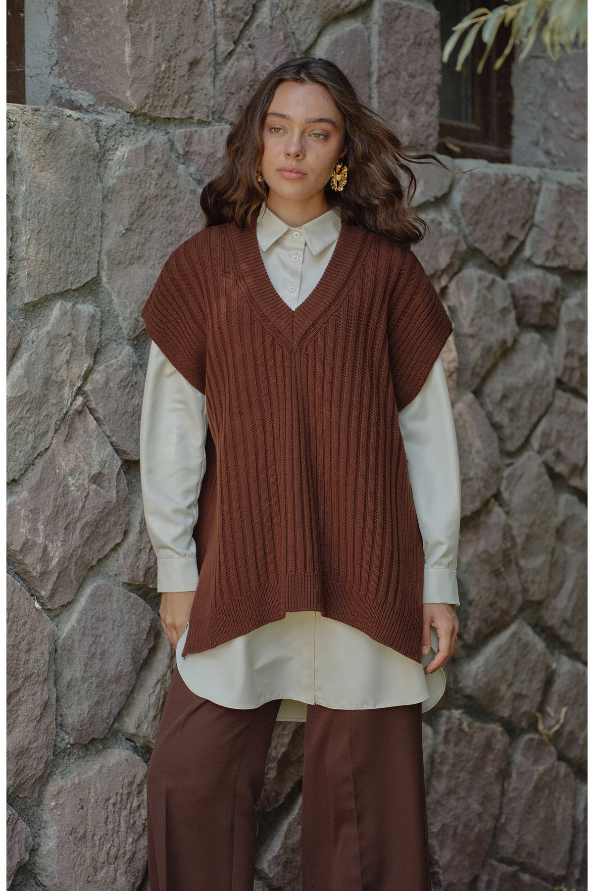 V-Neck Ribbed Claret Red Knitwear Sweater