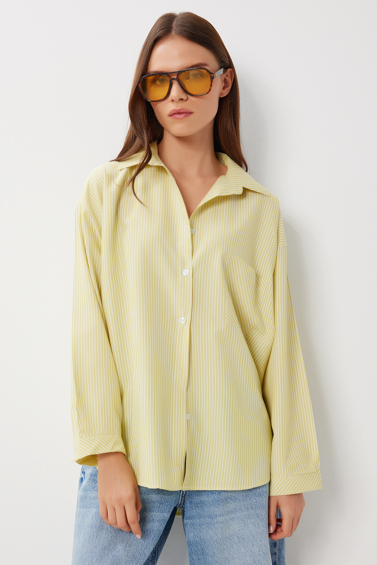 Lovelyİstanbul  Çizgili Oversize Dokuma Gömlek LDZ0050 SARI - Görsel 3