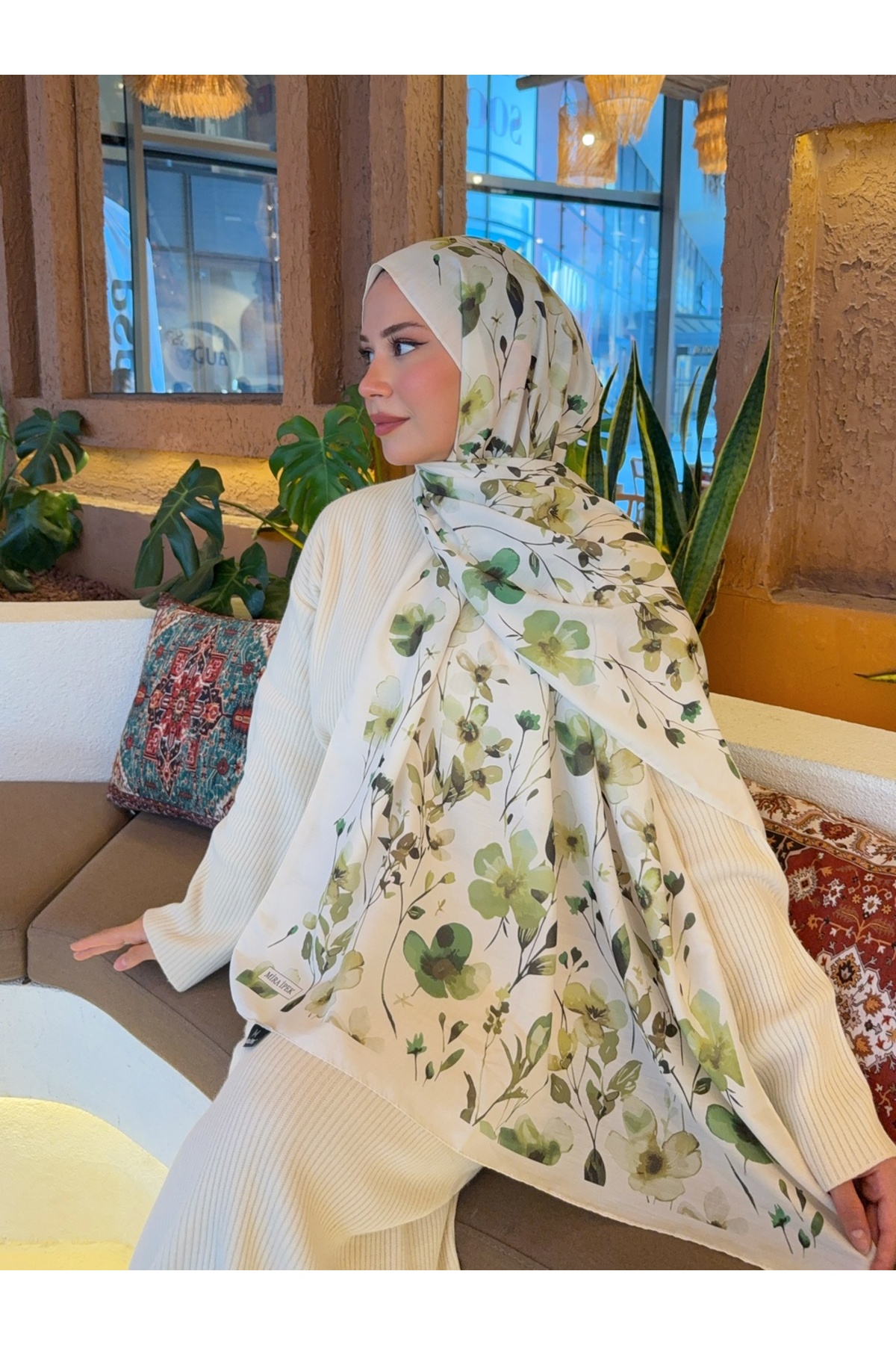 Mira İpek  Desenli Pamuk Soft Şal Soon Serisi Kırık Beyaz-Yeşil ps106 - Görsel 2