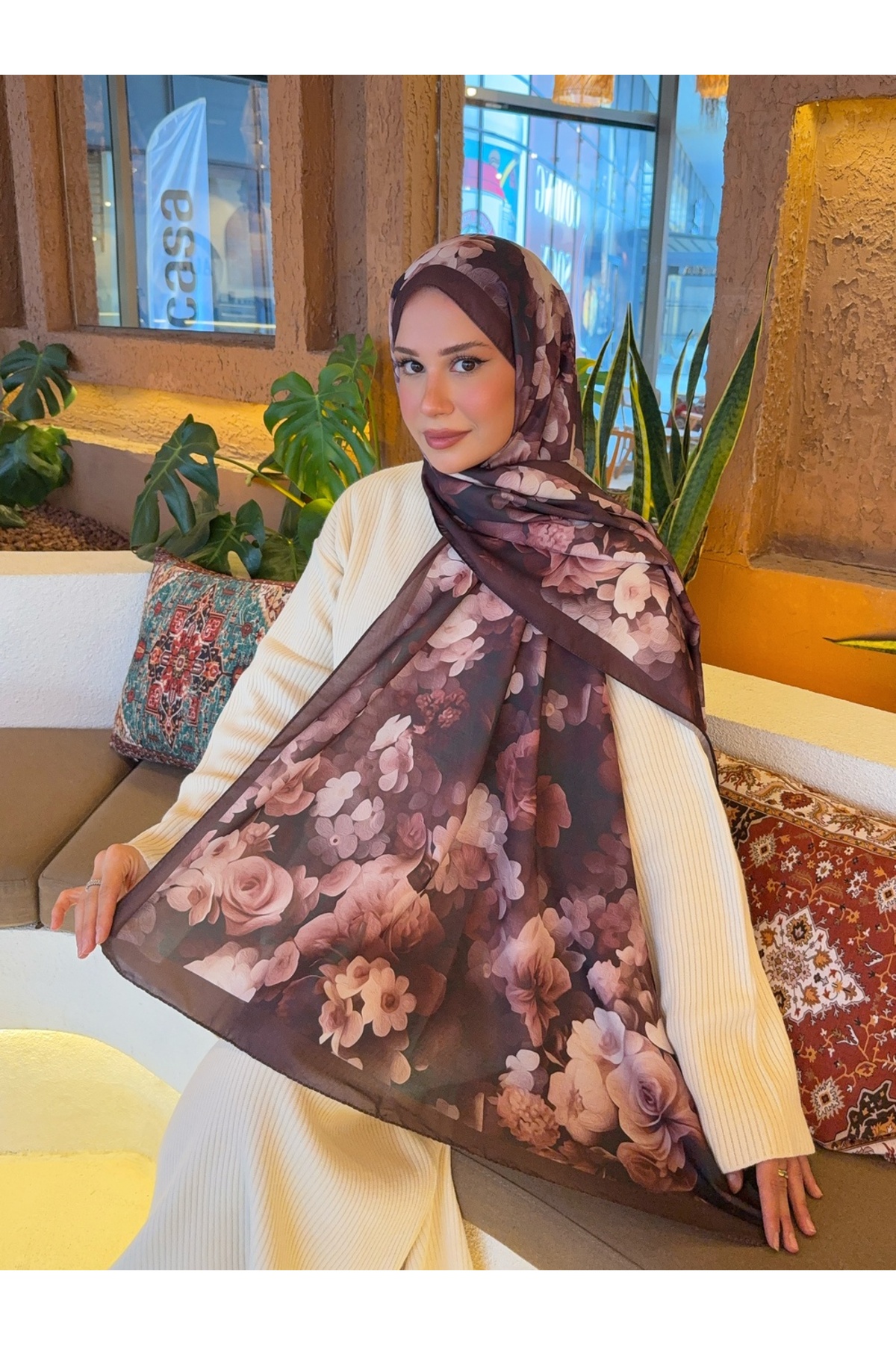 Mira İpek  Desenli Pamuk Soft Şal Soon Serisi Acı Kahve ps105 - Görsel 2