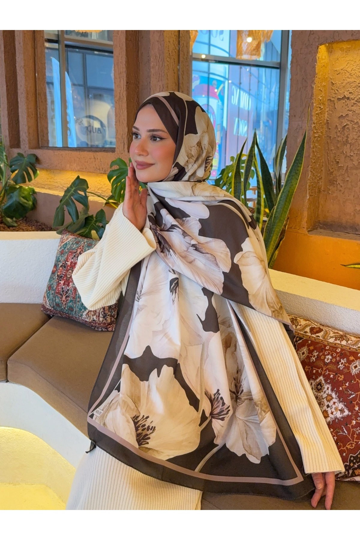 Mira İpek  Desenli Pamuk Soft Şal Soon Serisi Haki Kahve ps102 - Görsel 4