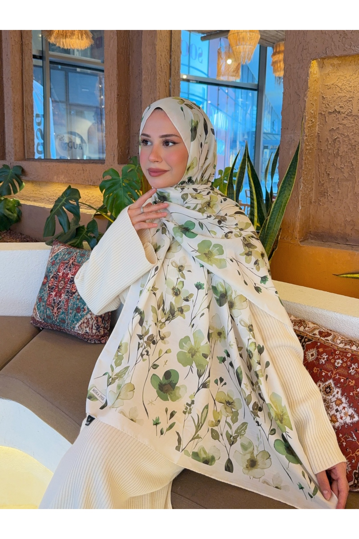 Mira İpek  Desenli Pamuk Soft Şal Soon Serisi Kırık Beyaz-Yeşil ps106 - Görsel 4