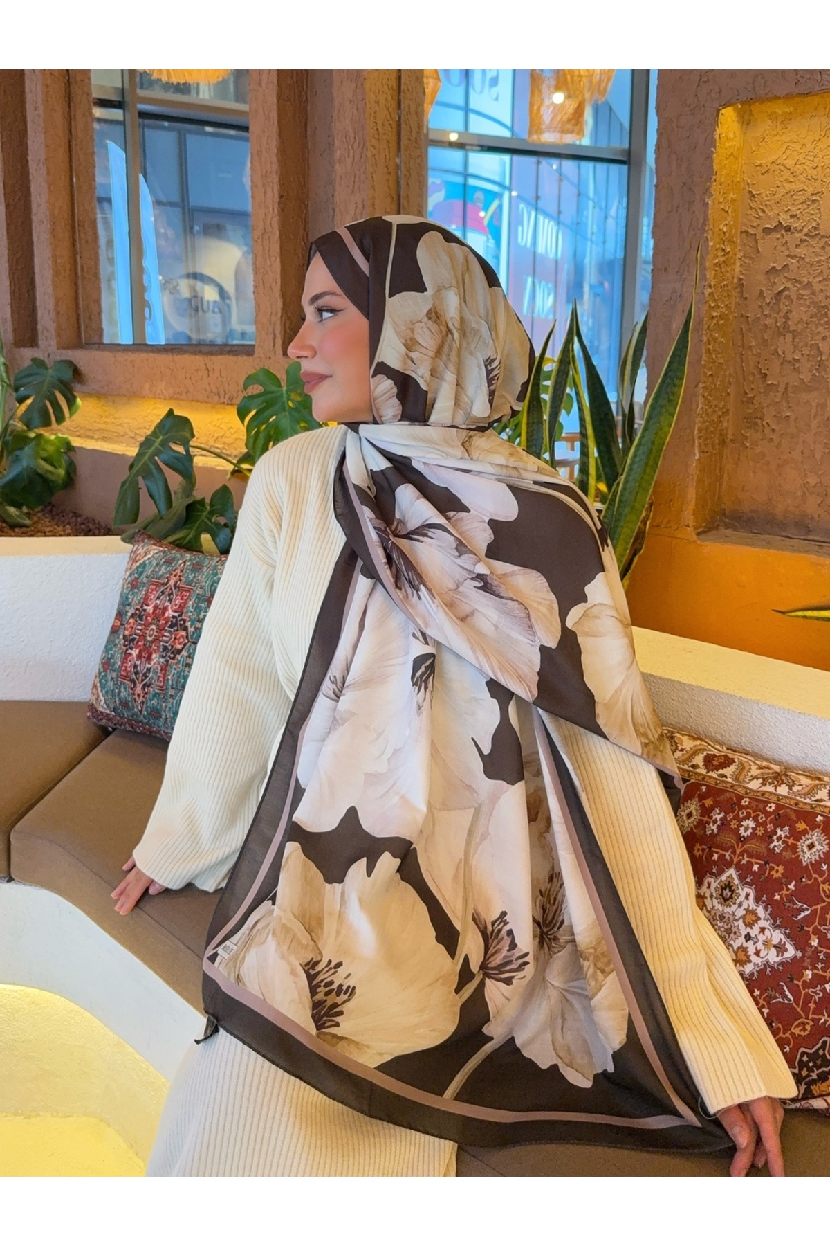 Mira İpek  Desenli Pamuk Soft Şal Soon Serisi Haki Kahve ps102 - Görsel 2