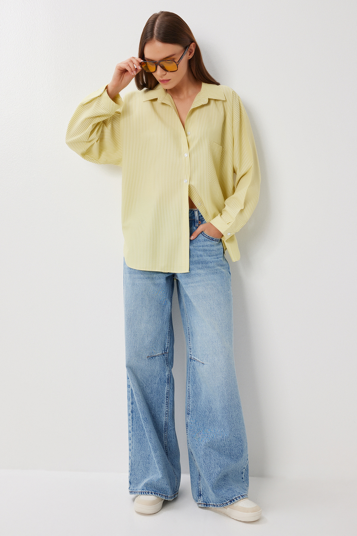 Lovelyİstanbul  Çizgili Oversize Dokuma Gömlek LDZ0050 SARI - Görsel 2