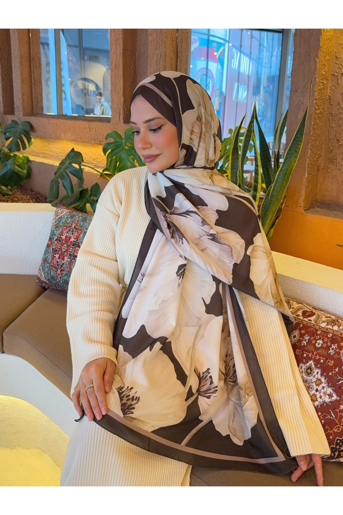 Mira İpek  Desenli Pamuk Soft Şal Soon Serisi Haki Kahve ps102 - Görsel 6