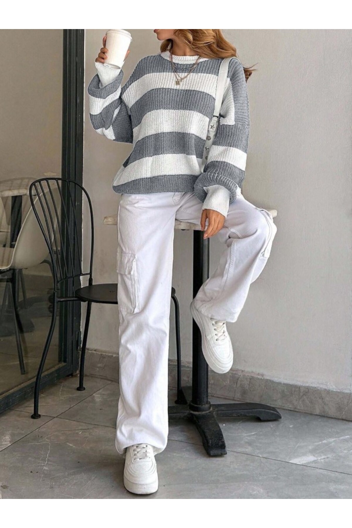 Dier Moda  Kadın Bisiklet Yaka Çizgili Oversize Triko Kazak Fmoda602 - Görsel 4