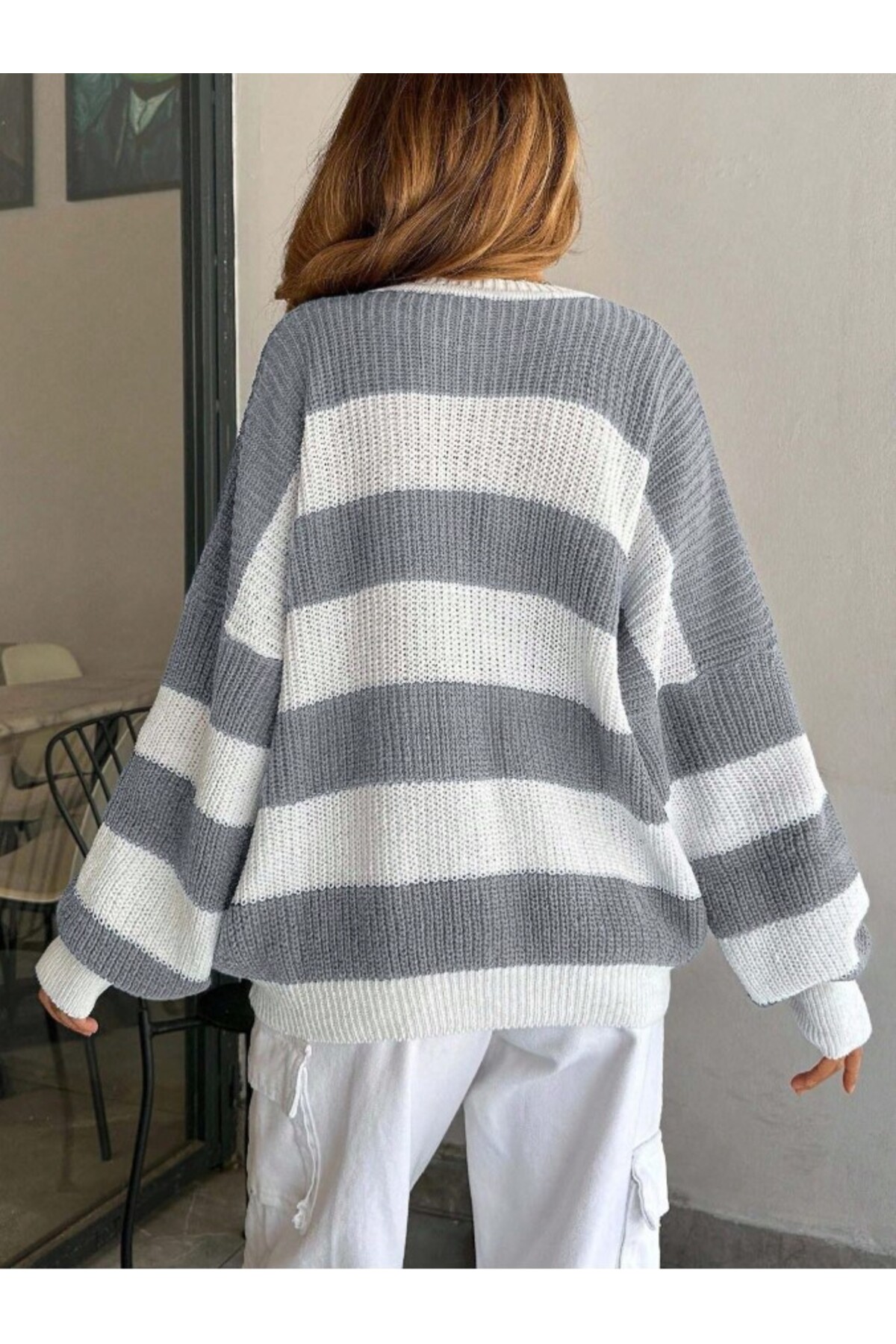 Dier Moda  Kadın Bisiklet Yaka Çizgili Oversize Triko Kazak Fmoda602 - Görsel 2