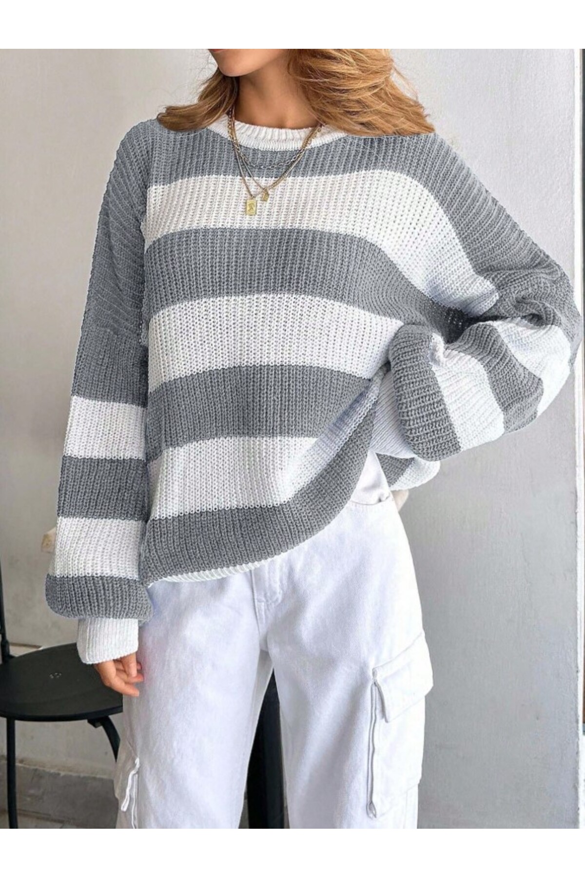 Dier Moda  Kadın Bisiklet Yaka Çizgili Oversize Triko Kazak Fmoda602 - Görsel 6