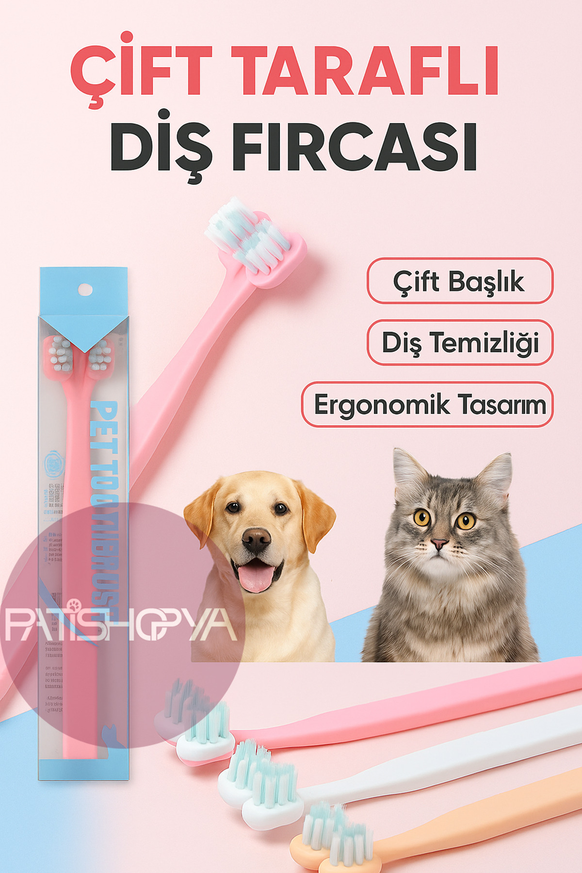PATİSHOPYA Çift Taraflı Kedi Köpek Diş Fırçası Yumuşak Kıl Ergonomik Saplı Evcil Hayvan Ağız Bakım Fırçası