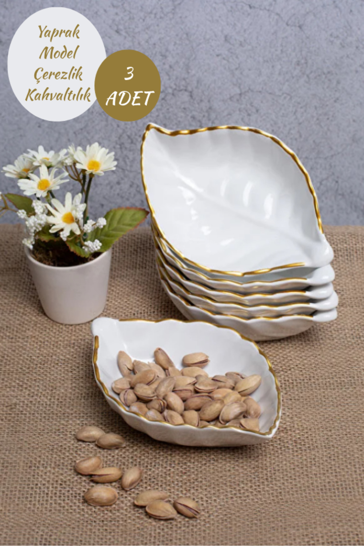 3-Piece Gold Gilded White Leaf Model Snack/ Breakfast
