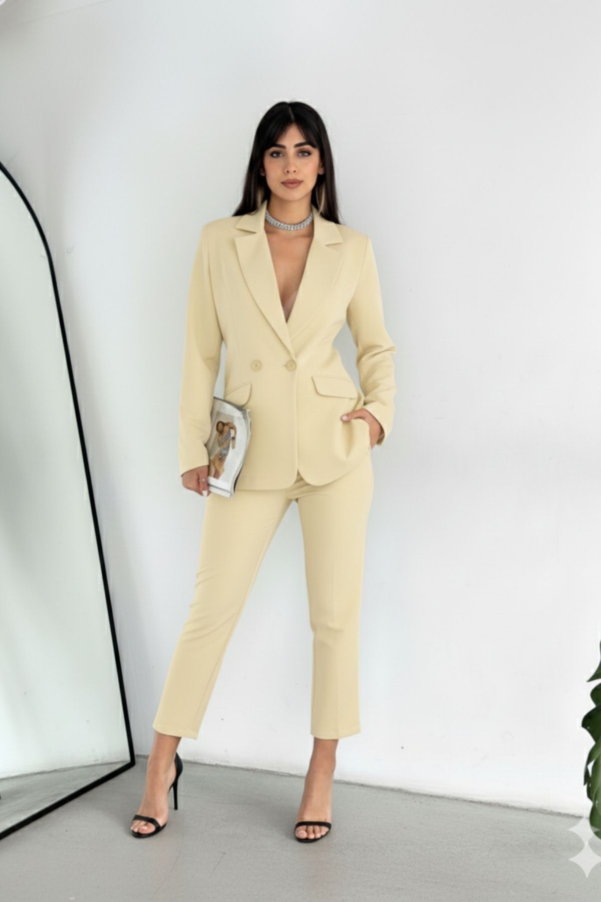 diaves Açık Sarı Kruvaze Blazer Ceket Havuç Pantolon Takım Elbise