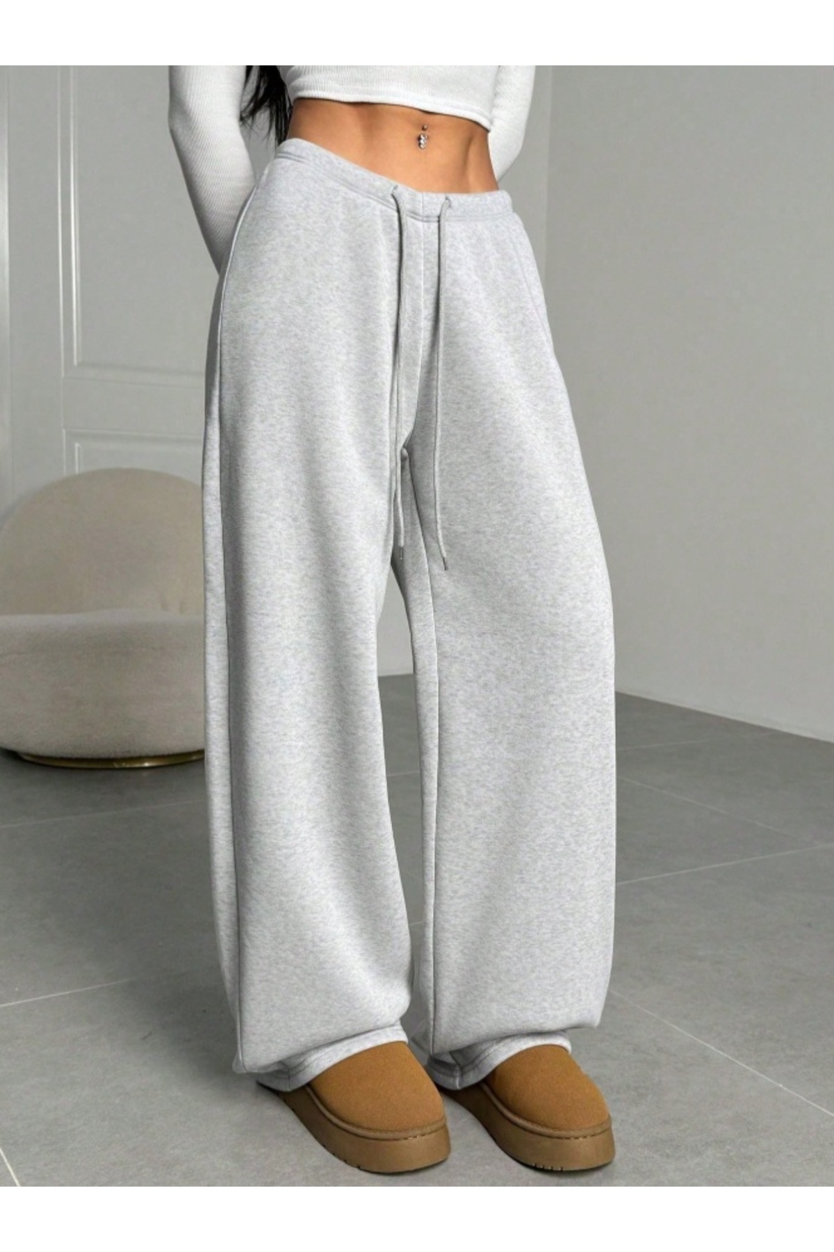 ELASSEL  Kışlık Şardonlu Gri Kadın Baggy Battal Büyük Beden Bol Kesim Esnek Rahat Kumaş Eşofman Altı r5 - Görsel 6