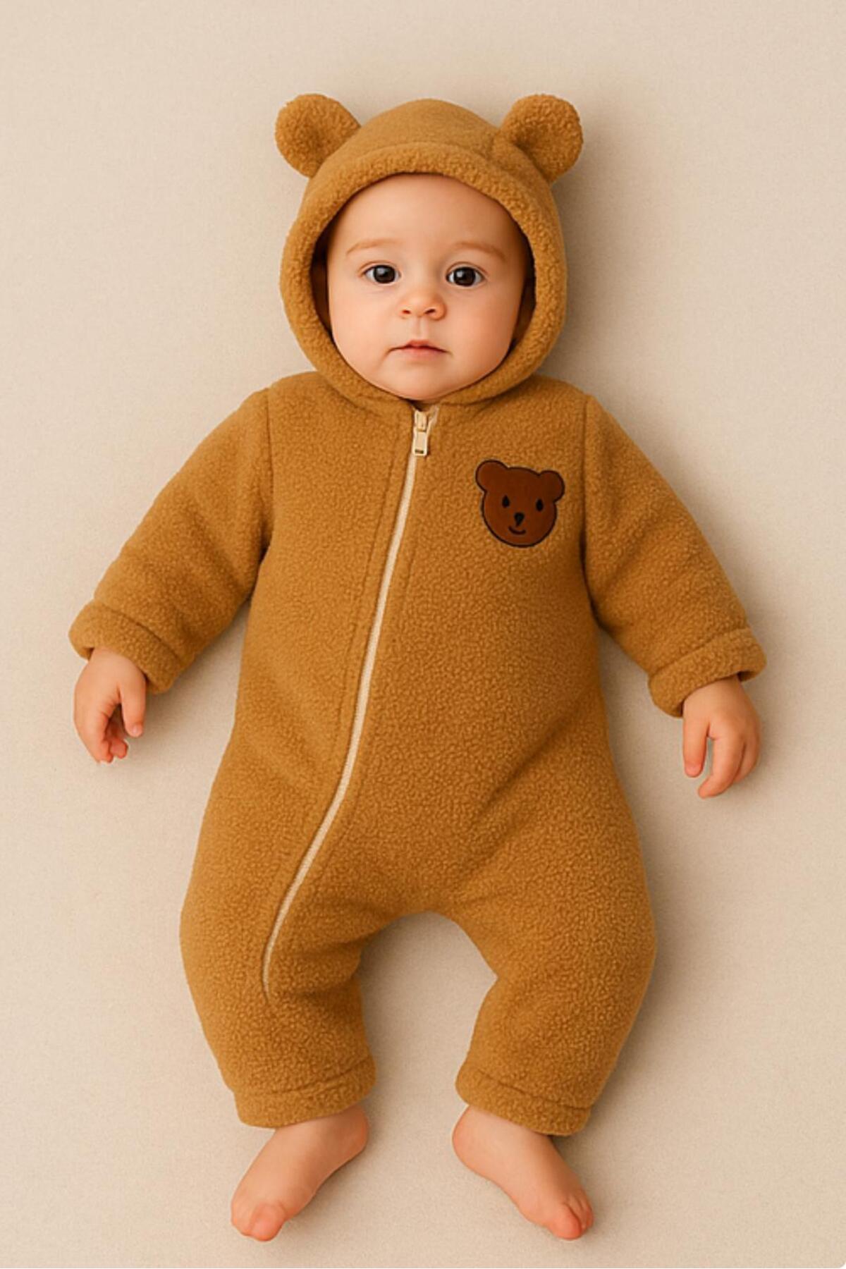 nevrankids Peluş Çapraz Fermuarlı Ayıcık Figürlü Kapüşonlu Tulum - Kahve fotoğrafı 2 (önizleme)