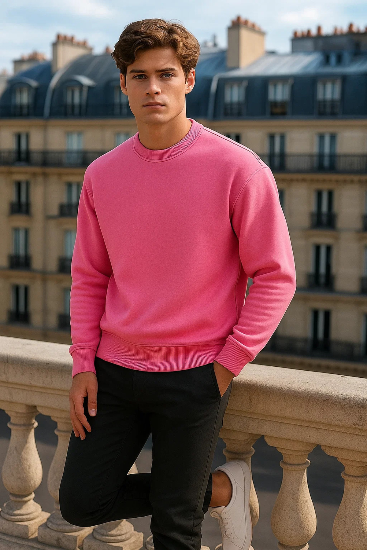 COMBİNE MİCHAİL  Erkek Bisiklet Yaka Oversize Pembe Kazak - Görsel 7